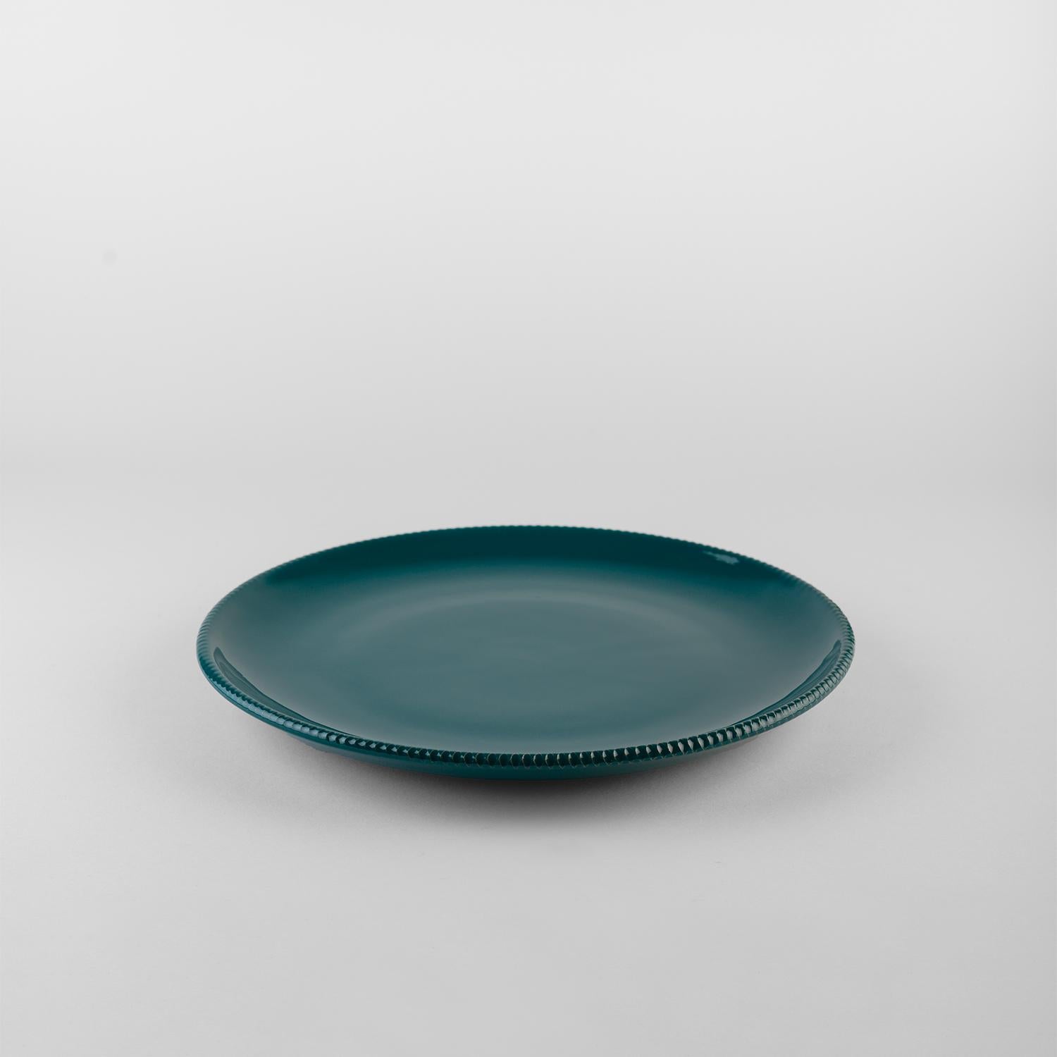 Platos almenados teal: Sopa, soporte, plato auxiliar para 4. Hecho a mano en Italia 2024 en Nuevo estado para la venta en San Miniato PI, IT