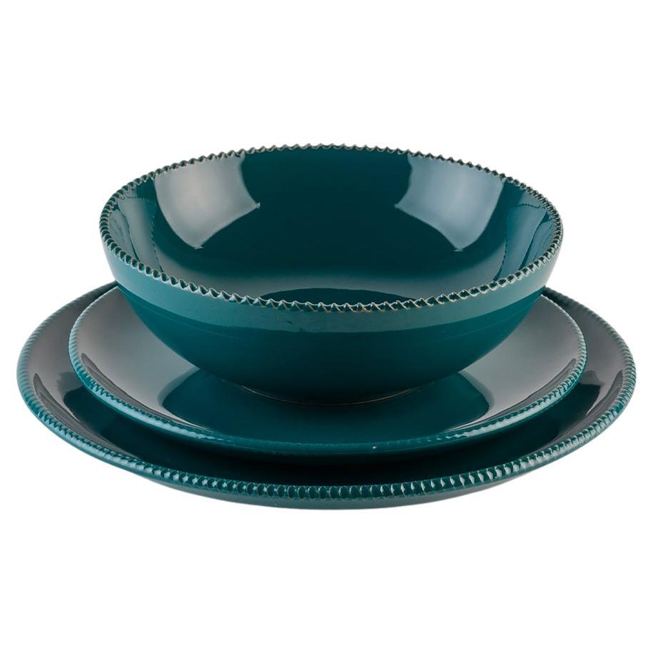 Platos almenados teal: Sopa, soporte, plato auxiliar para 4. Hecho a mano en Italia 2024