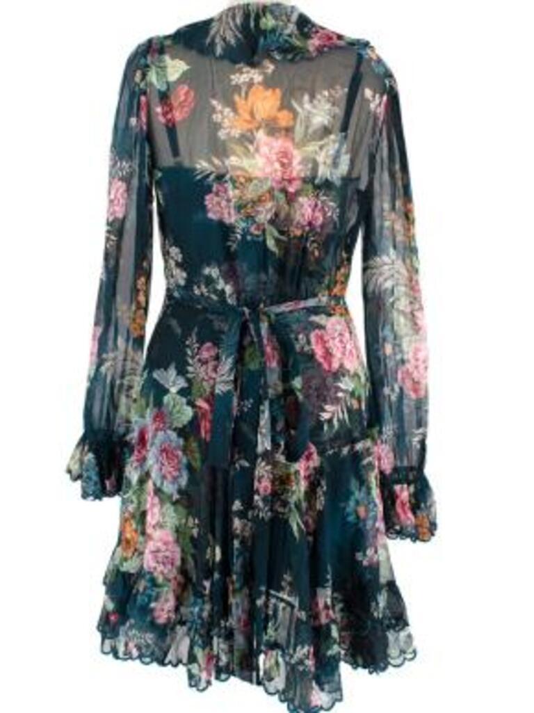 Zimmermann Teal Floral Chiffon Wrap Dress with Slip
 

 - Semi-sheer chiffon floral wrap dress with belt
 - Stretch slip dress with matching floral print 
 - Scalloped hems 
 - Mini length 
 

 Made in China
 90% polyester, 10% elastane 
 

 PLEASE
