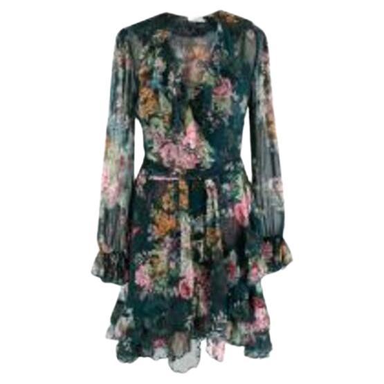 Teal Floral Chiffon Wrap Dress with Slip For Sale