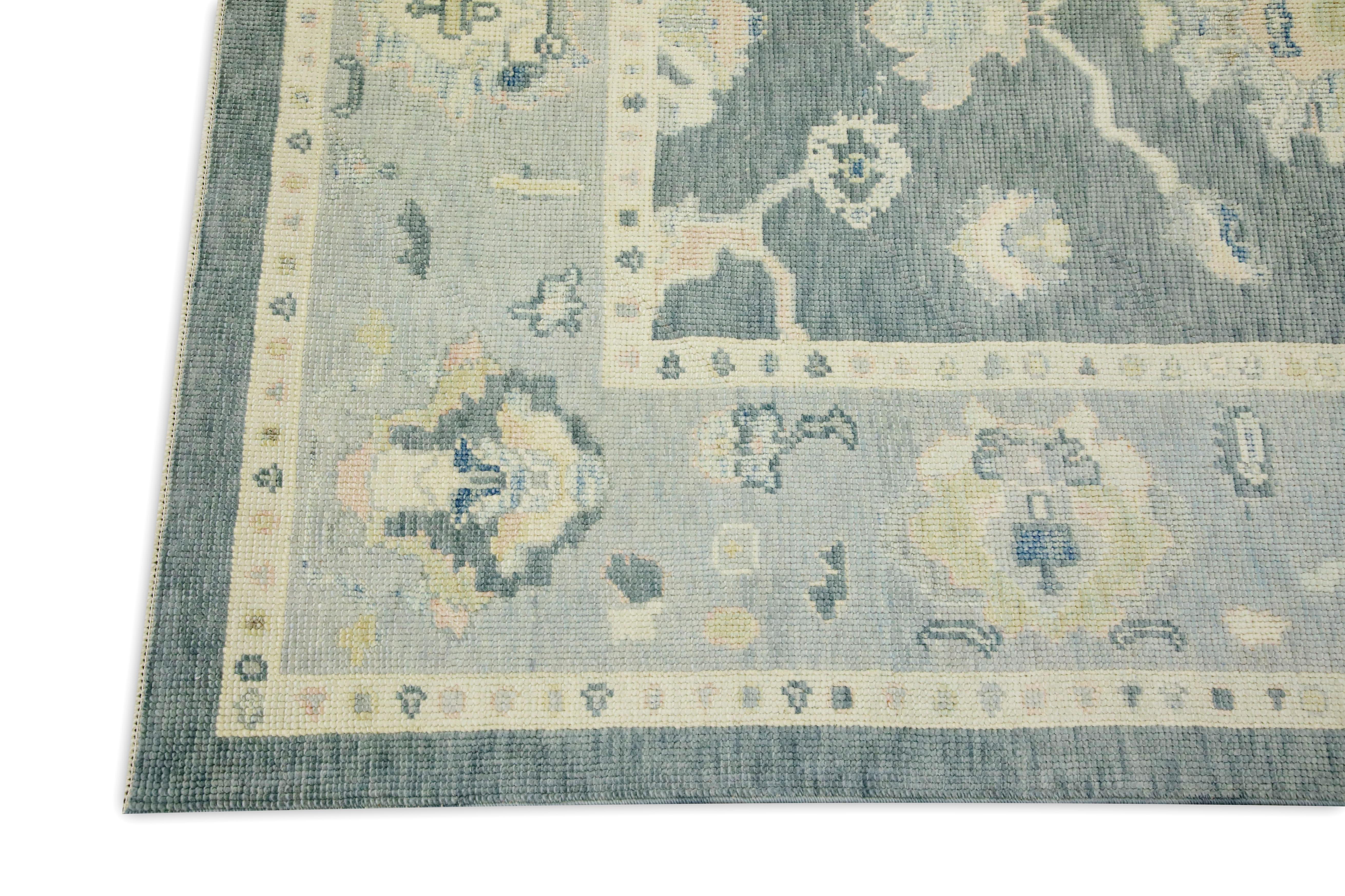 Vegetable Dyed Teal Floral Design Handwoven Wool Turkish Oushak Rug 5'1