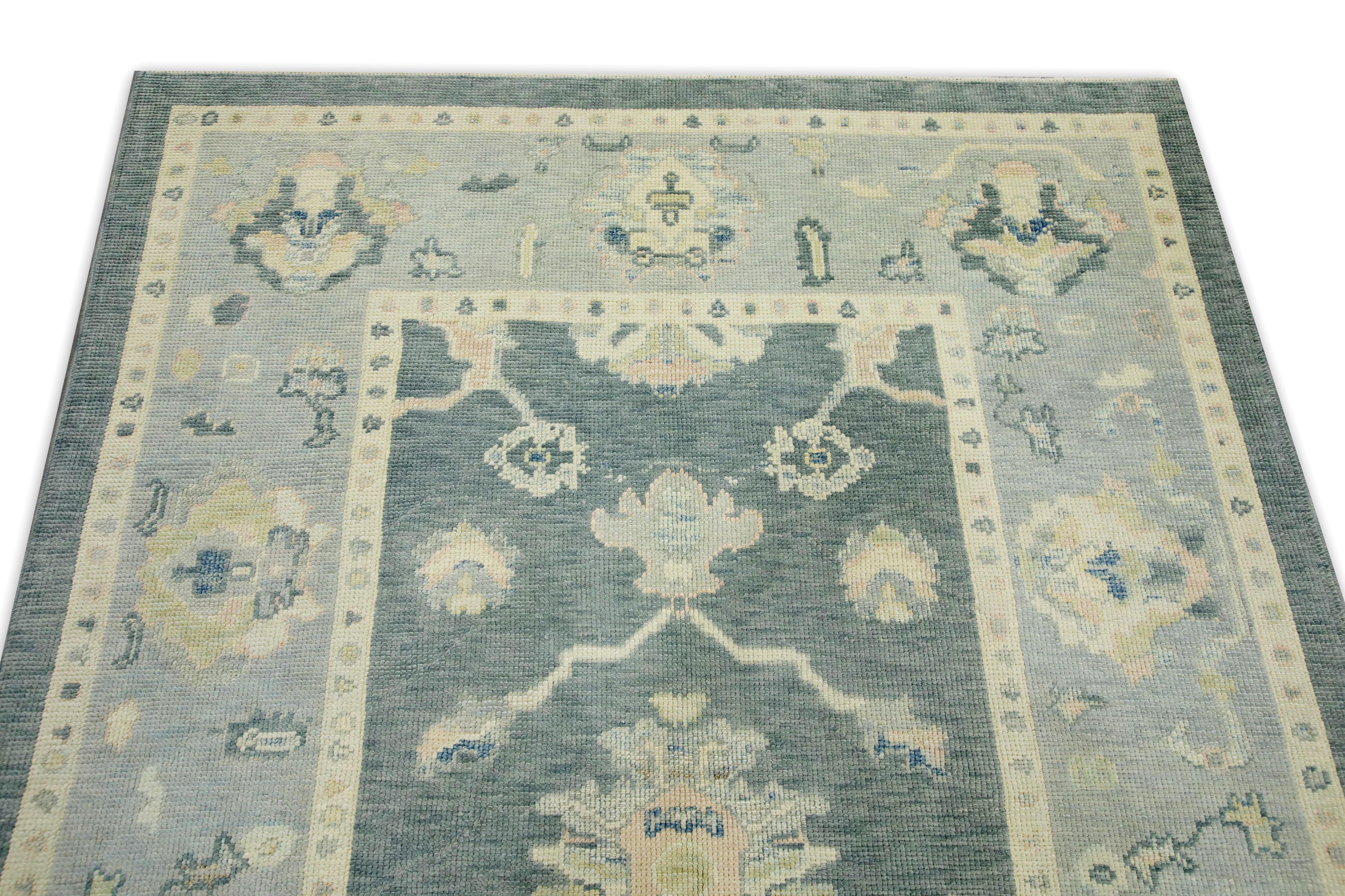 Teal Floral Design Handwoven Wool Turkish Oushak Rug 5'1