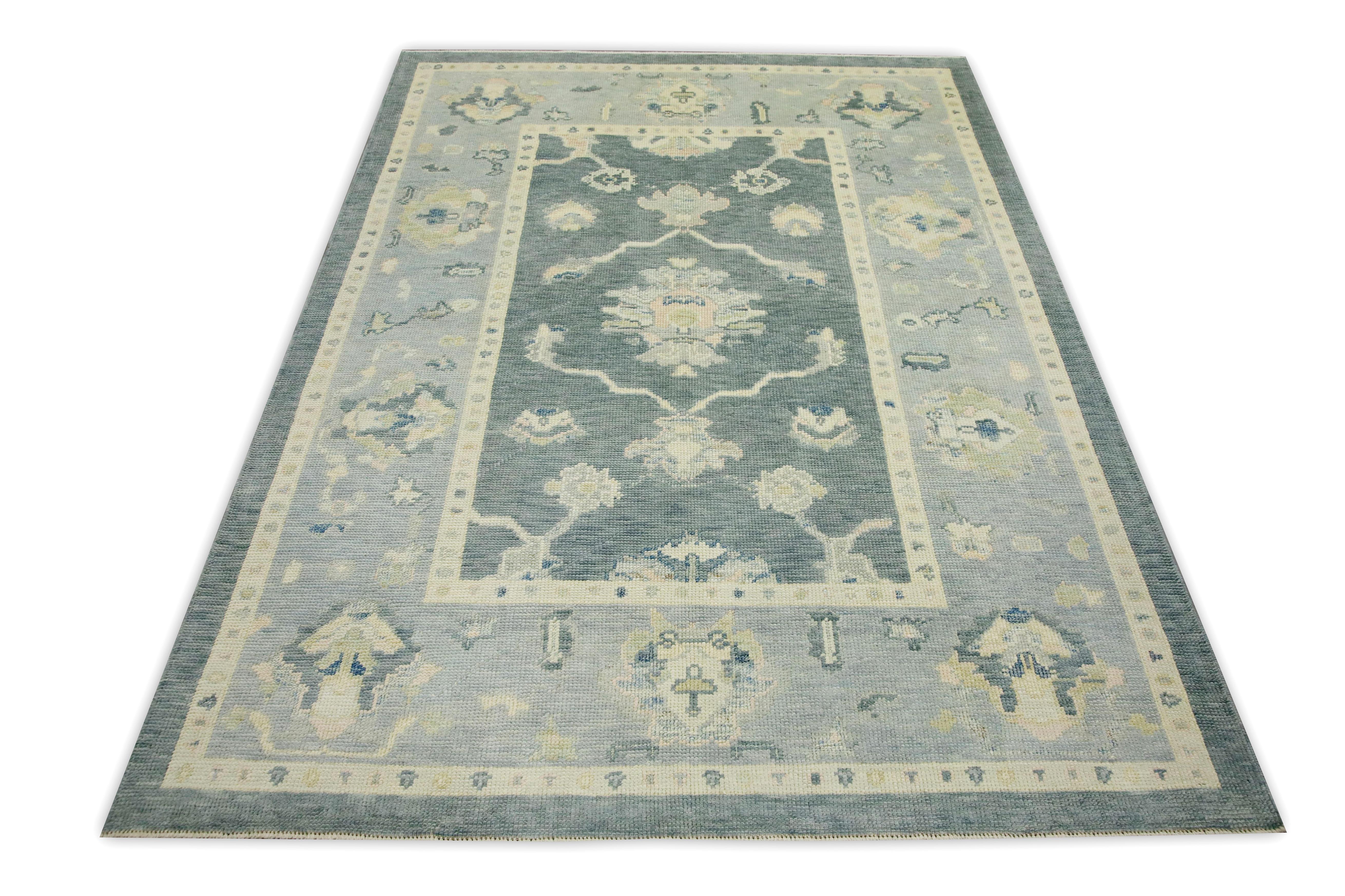 Contemporary Teal Floral Design Handwoven Wool Turkish Oushak Rug 5'1
