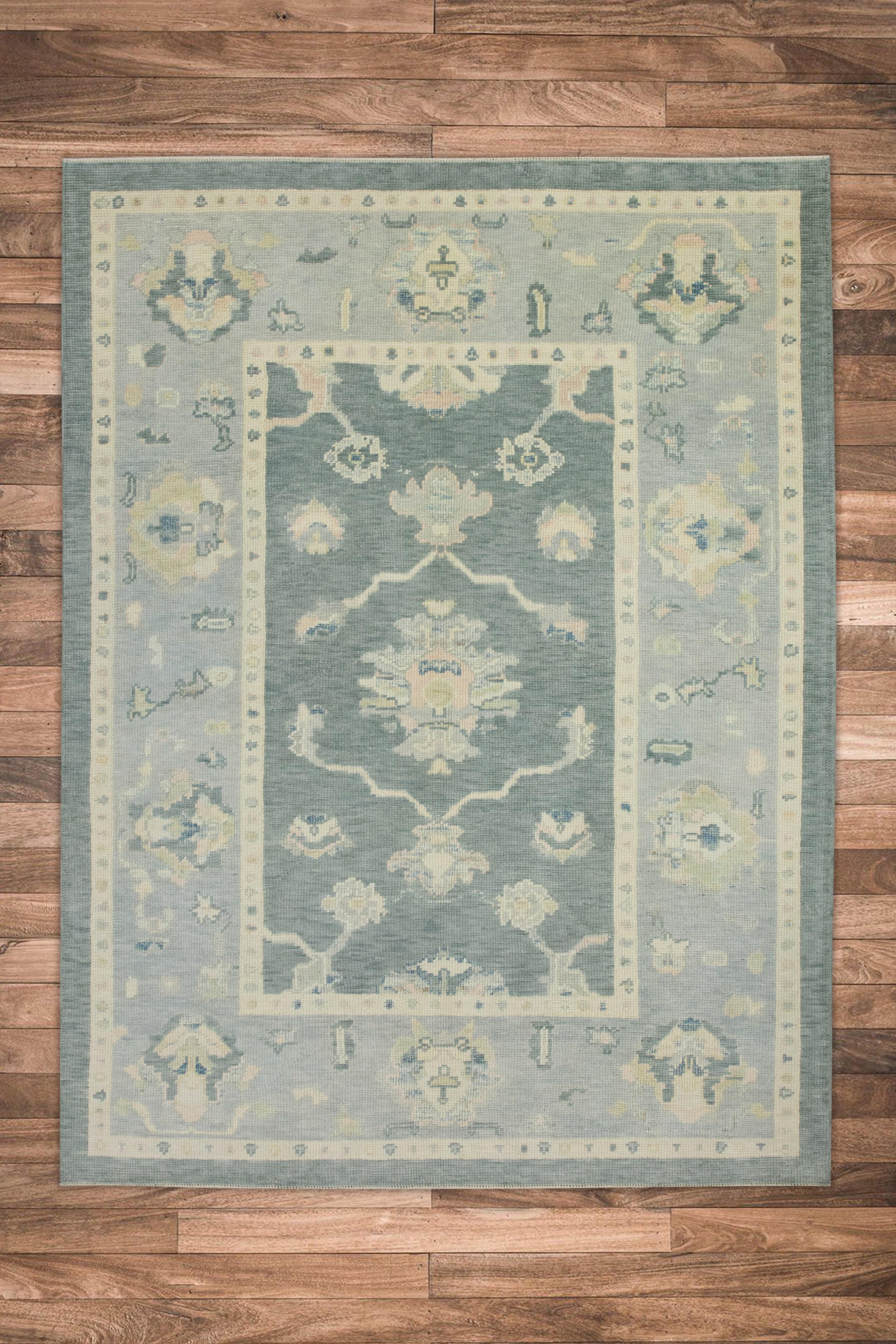 Teal Floral Design Handwoven Wool Turkish Oushak Rug 5'1