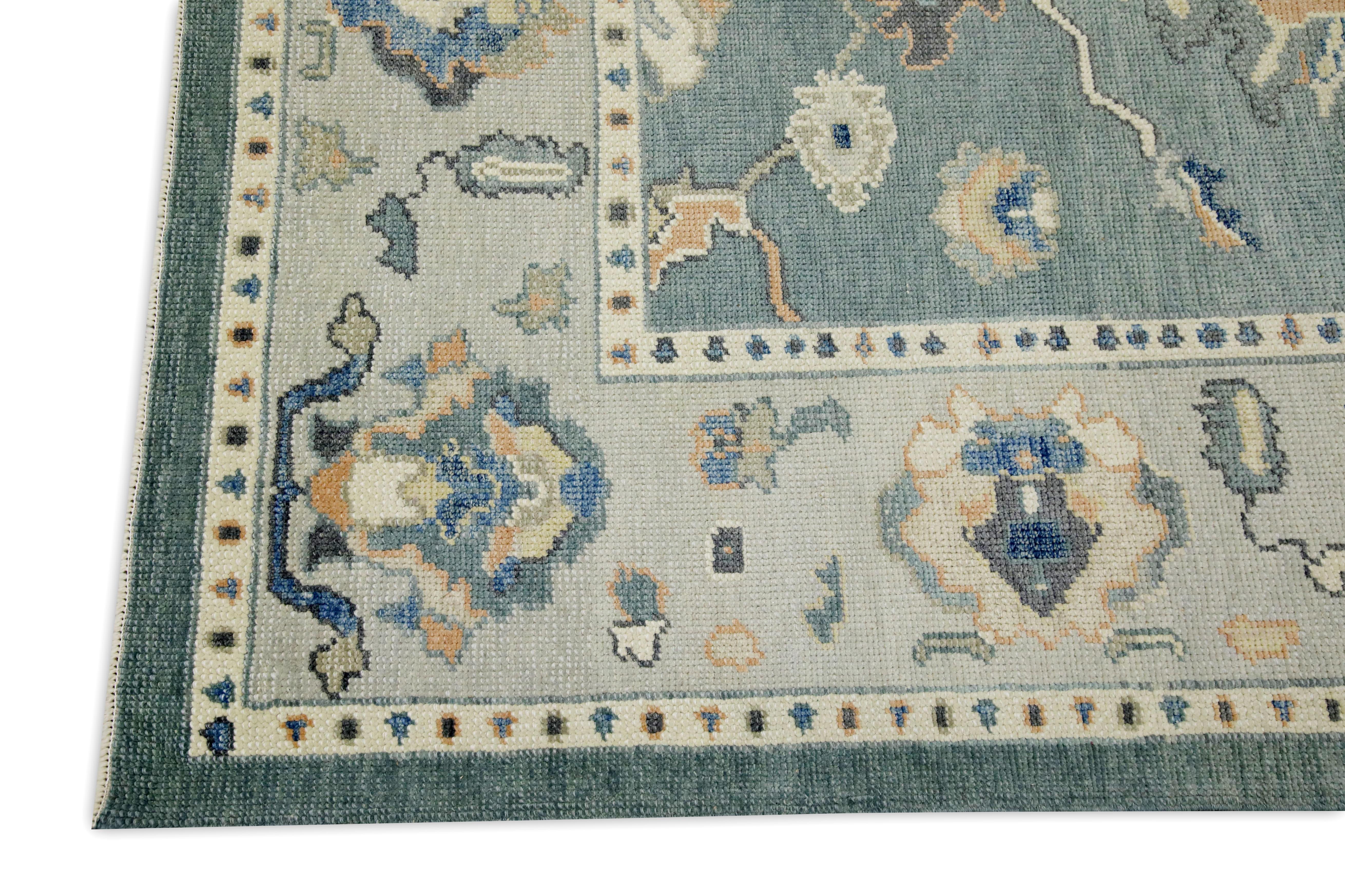 Teal Floral Design handgewebte Wolle Türkisch Oushak Teppich 5'3