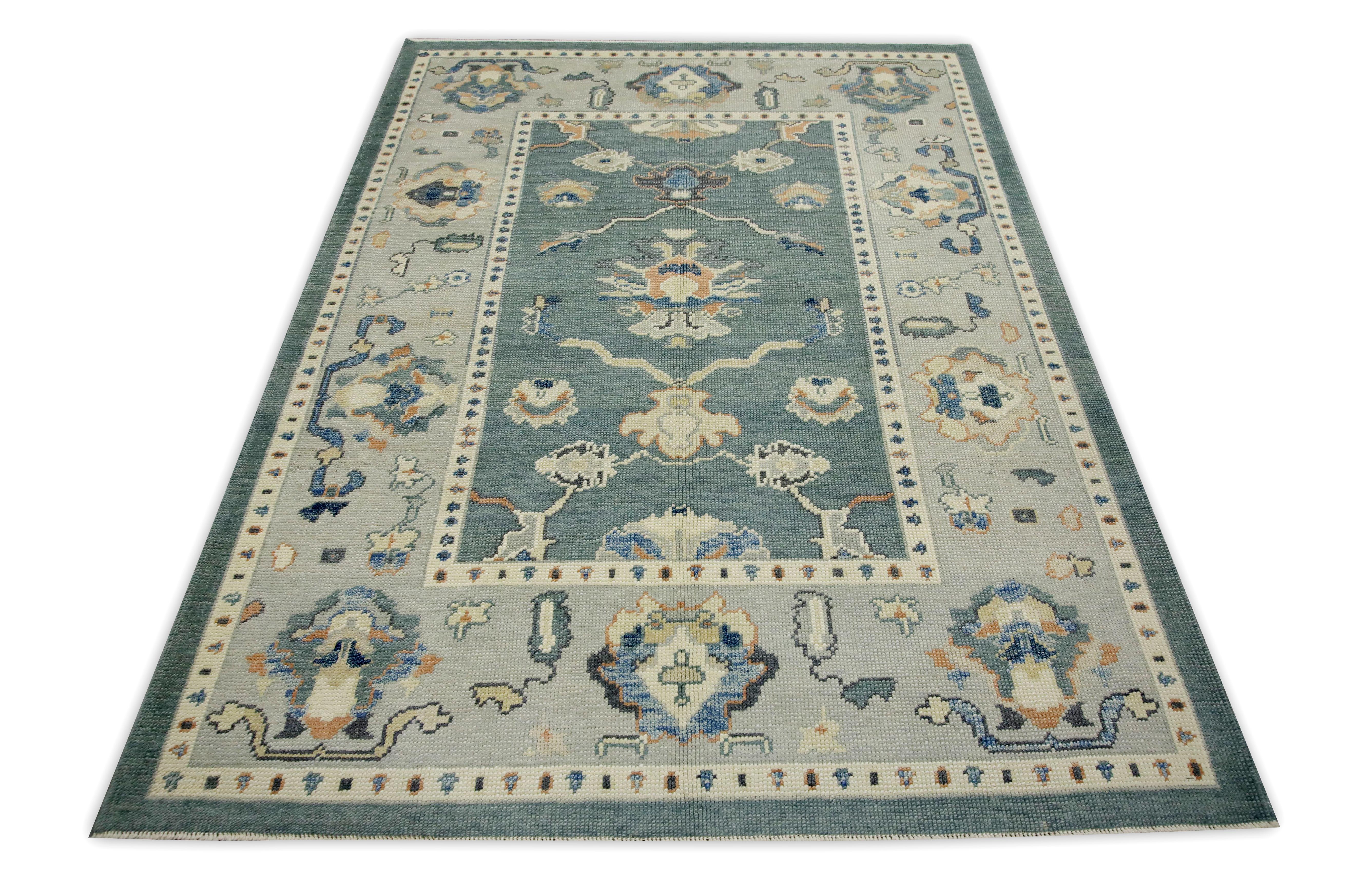 Contemporary Teal Floral Design Handwoven Wool Turkish Oushak Rug 5'3