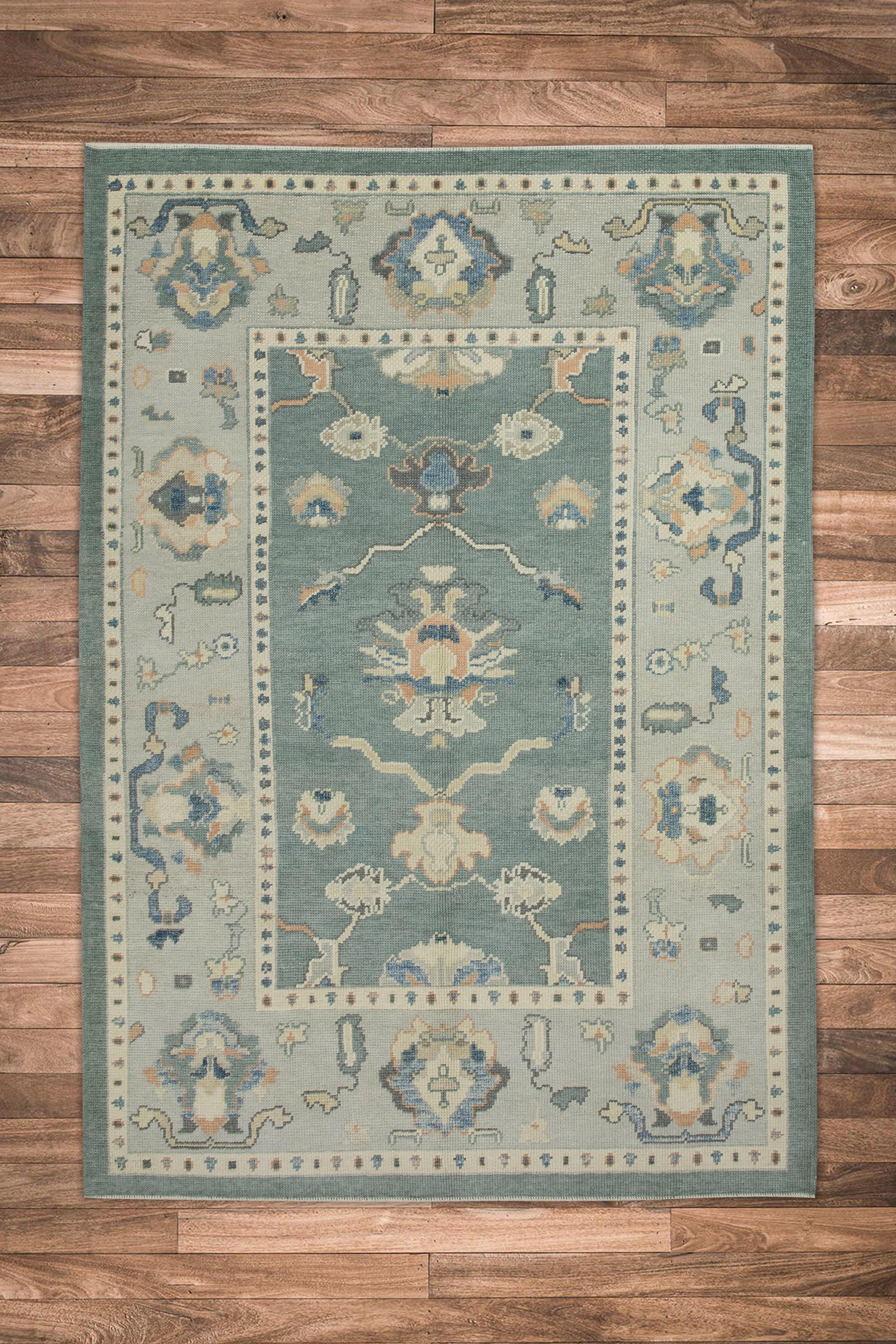 Teal Floral Design handgewebte Wolle Türkisch Oushak Teppich 5'3