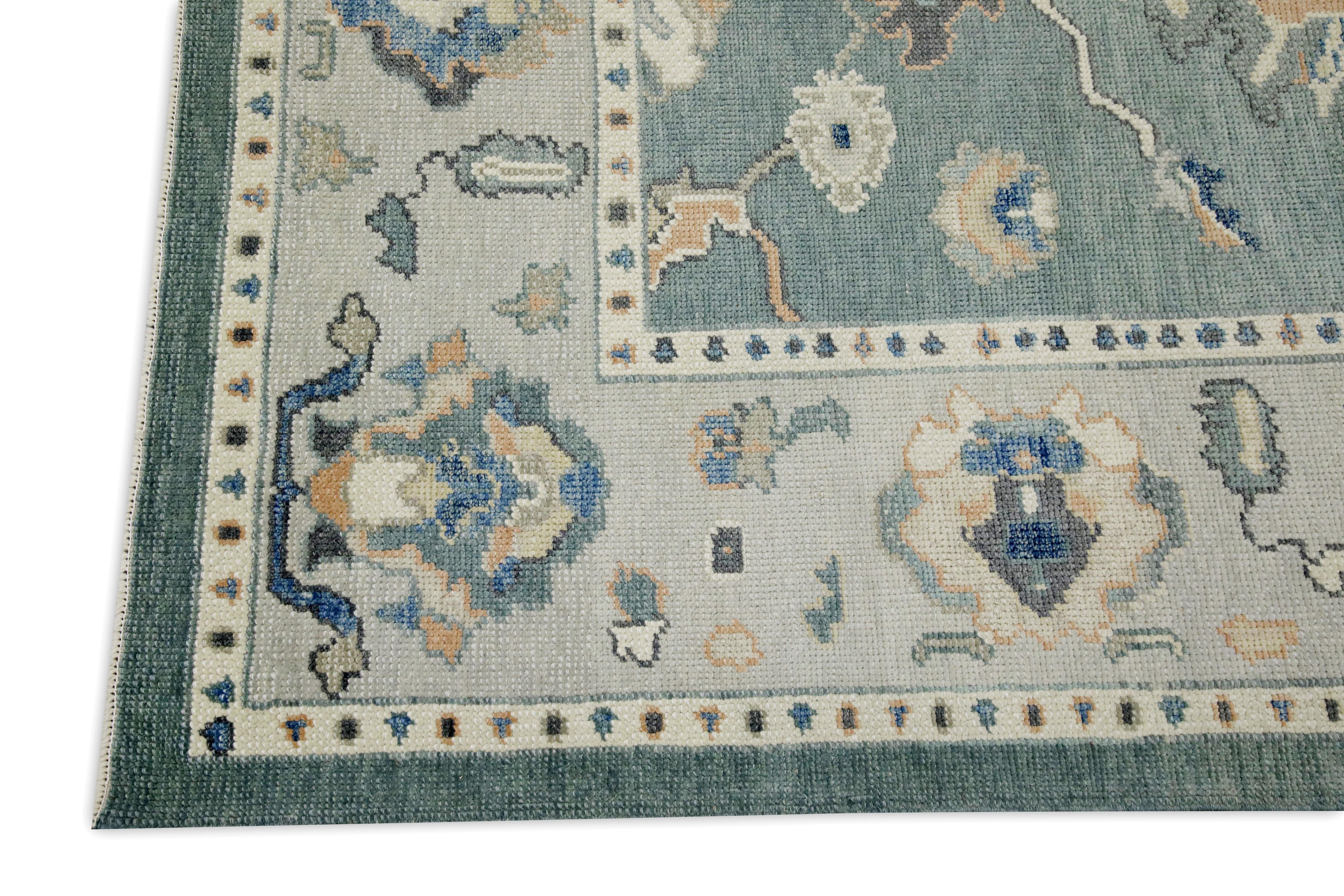 Teal Floral Design handgewebte Wolle Türkisch Oushak Teppich 5'3