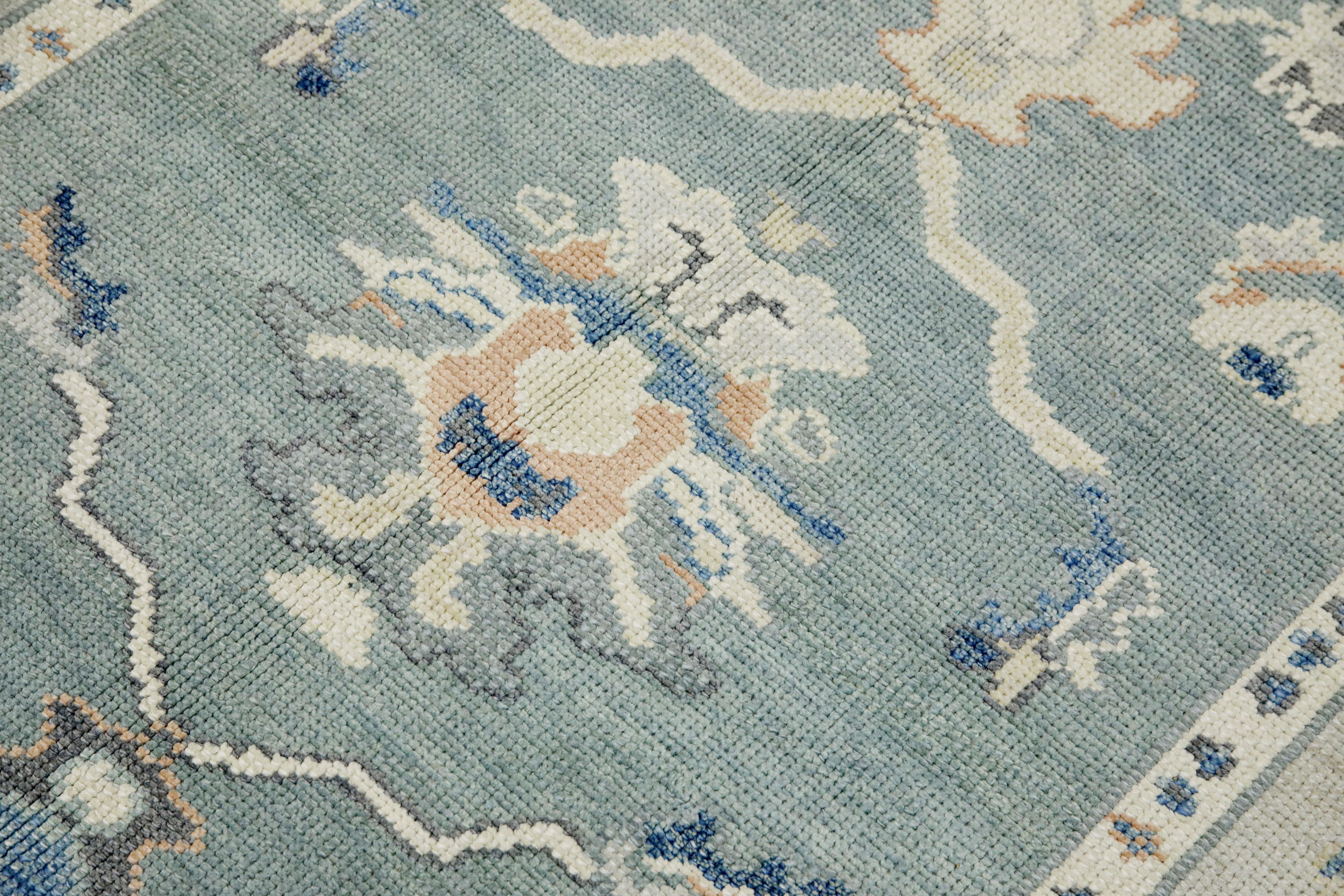 Teal Floral Design handgewebte Wolle Türkisch Oushak Teppich 5'3