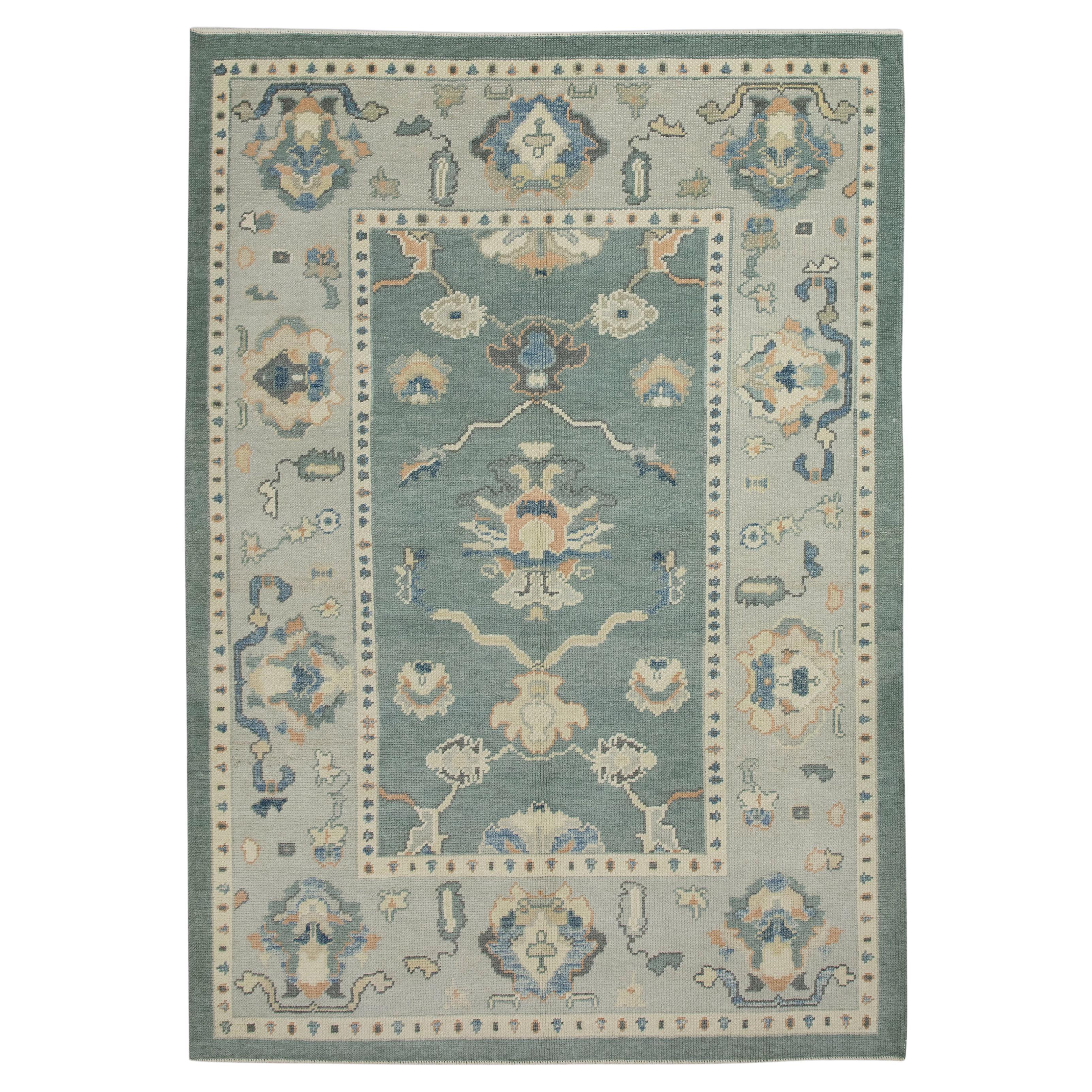 Teal Floral Design Handwoven Wool Turkish Oushak Rug 5'3" x 7'2" For Sale