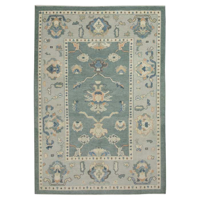 Teal Floral Design Handwoven Wool Turkish Oushak Rug 5'3