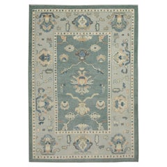 Teal Floral Design Handwoven Wool Turkish Oushak Rug 5'3" x 7'2"