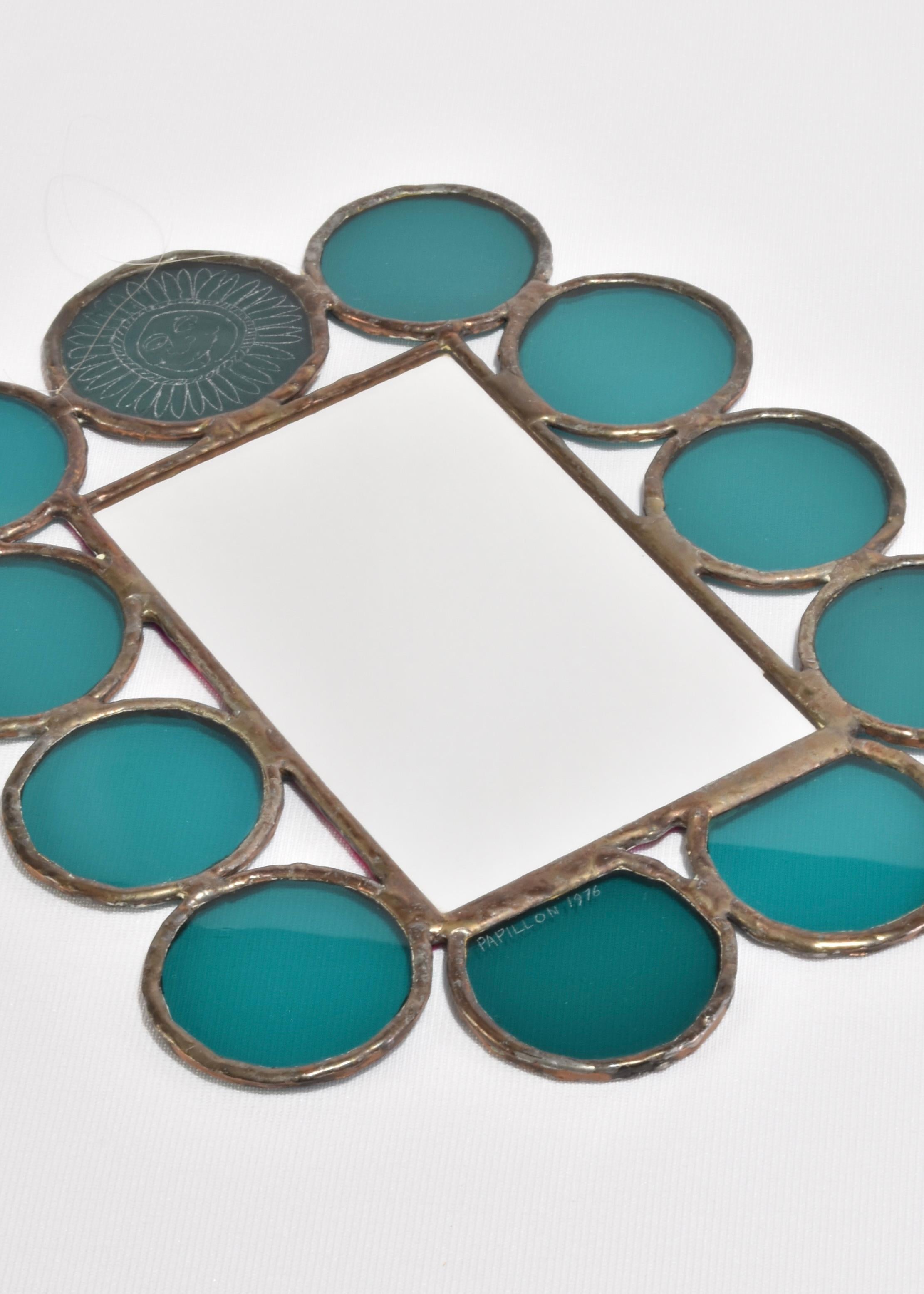 Espejo de pared de cristal verde azulado siglo XX en venta