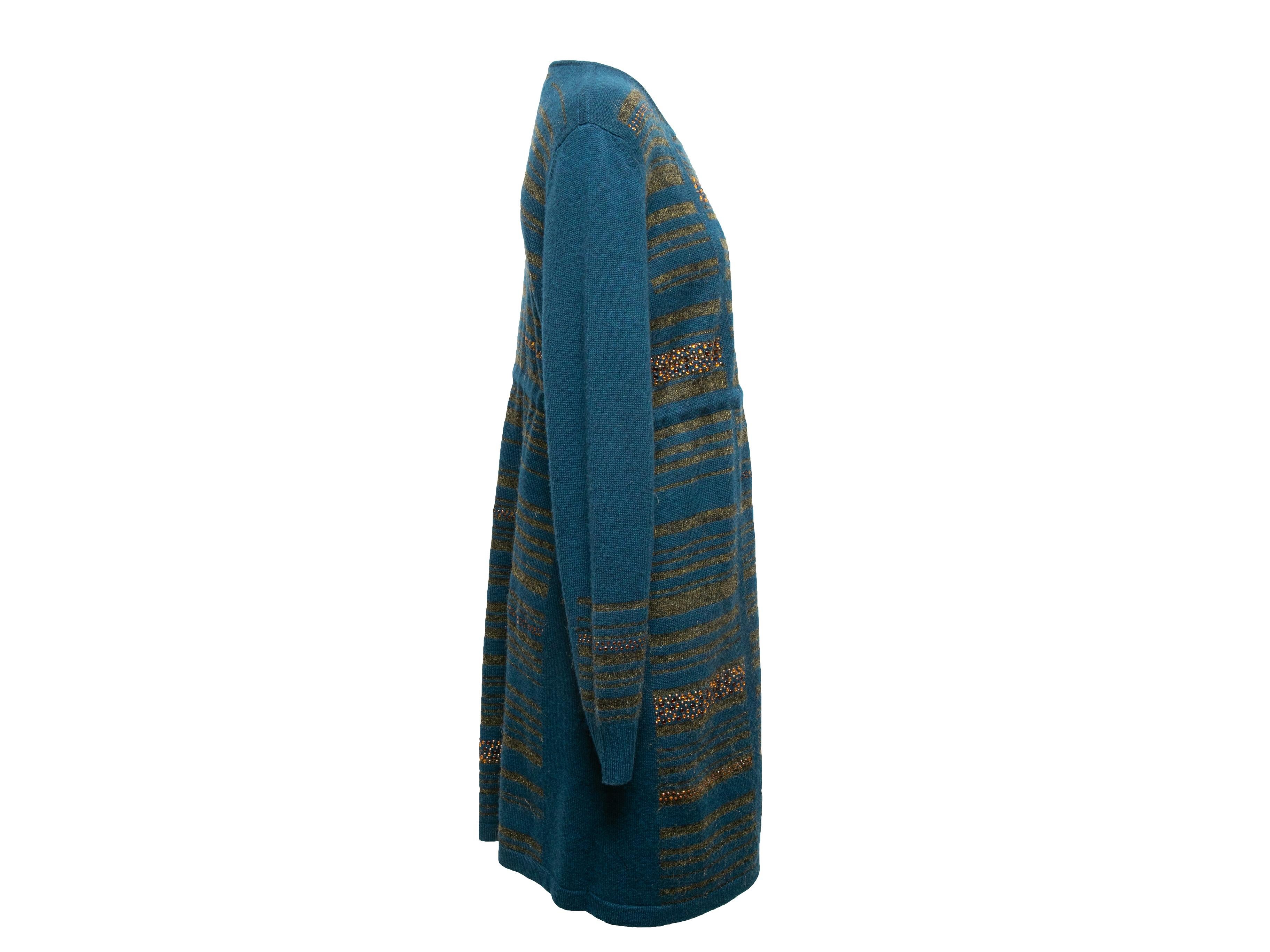  Teal and gold striped cashmere knit sweater dress by Chanel. Crew neck. Drawstring at waist. Button closures at front. 34