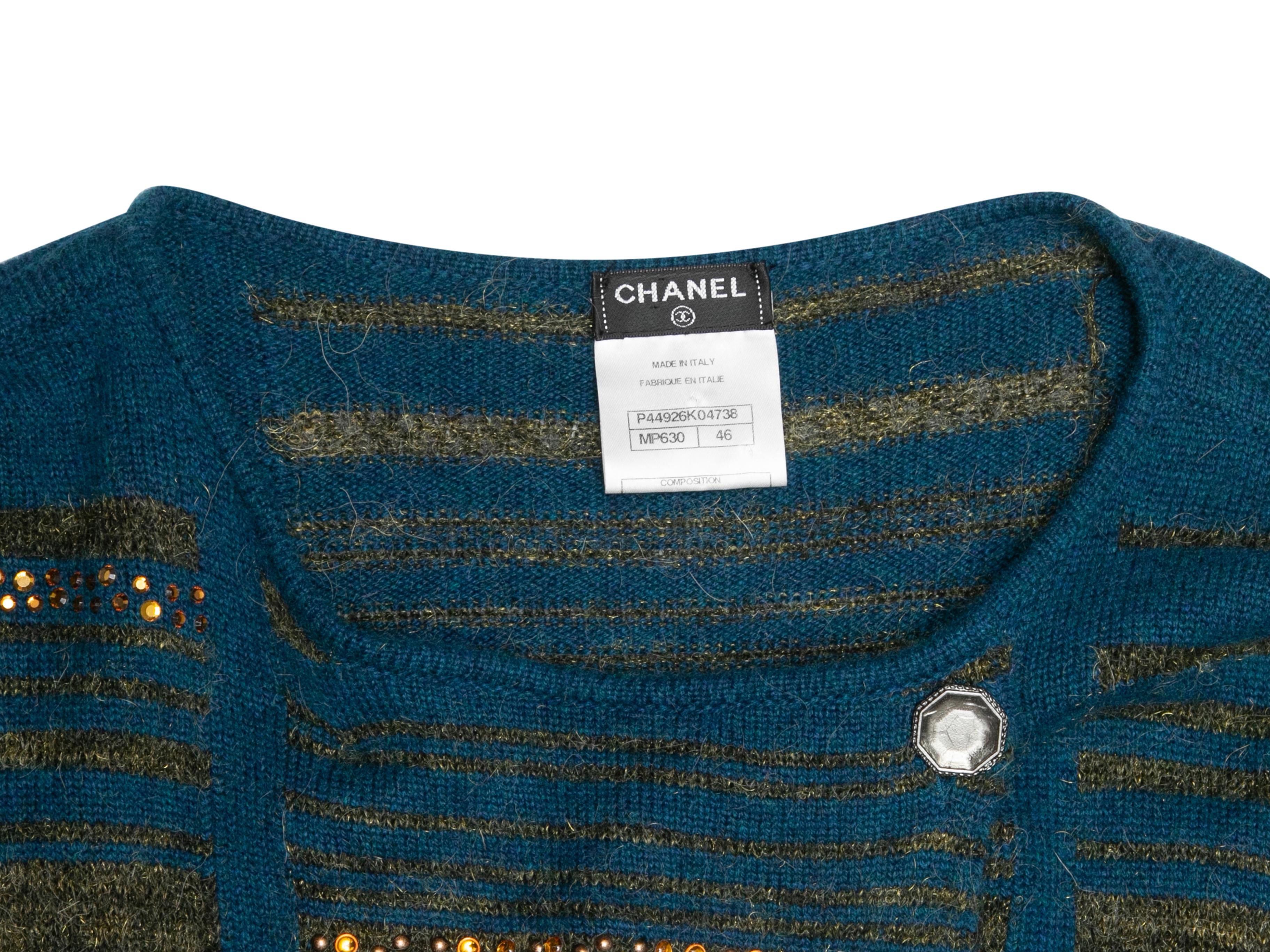 Teal & Gold Chanel Cashmere Knit Sweater Dress Size FR 46 In Good Condition For Sale In New York, NY
