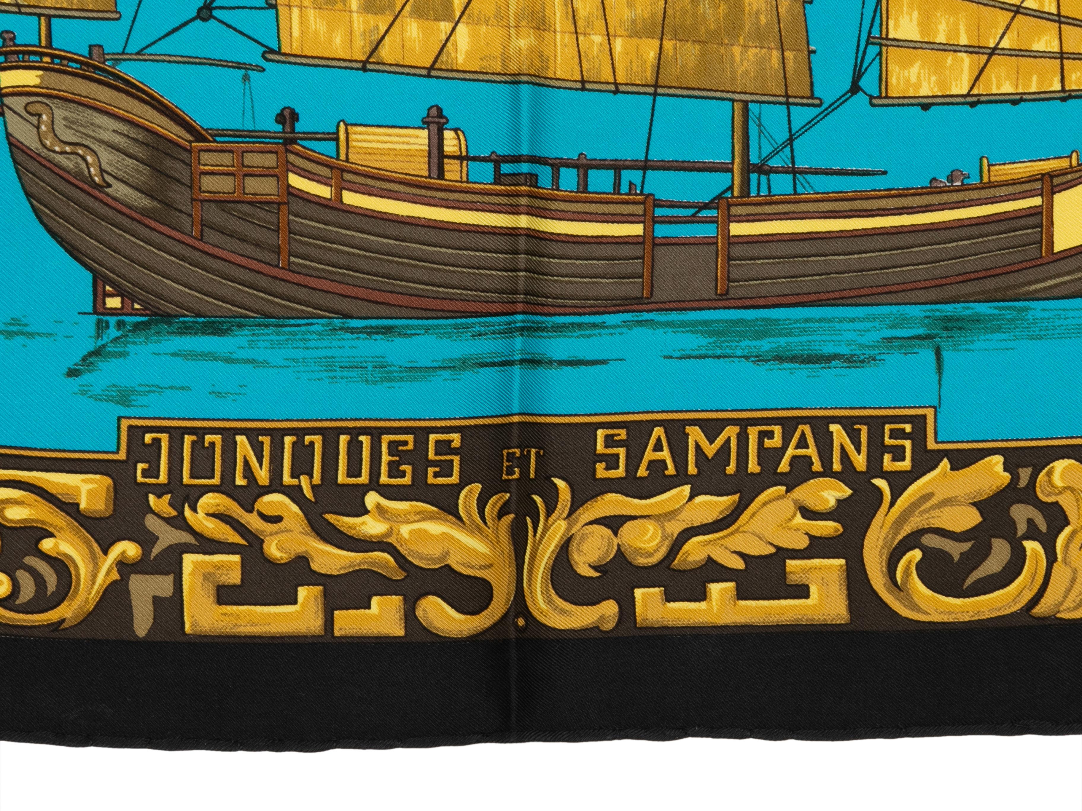 Teal & Gold Hermes Jonques et Sampans Motif Printed Silk Scarf In Good Condition For Sale In New York, NY
