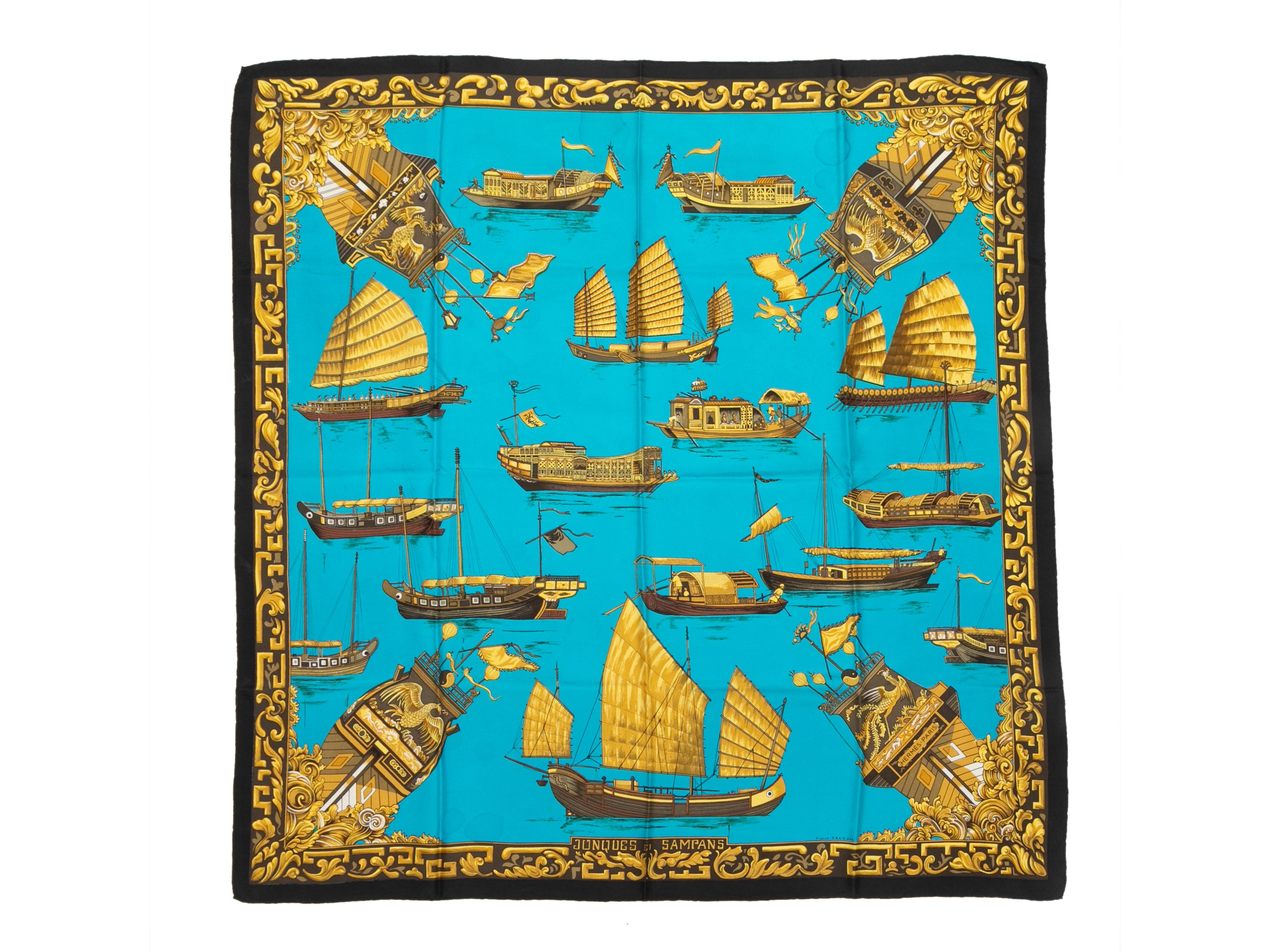 Women's or Men's Teal & Gold Hermes Jonques et Sampans Motif Printed Silk Scarf For Sale