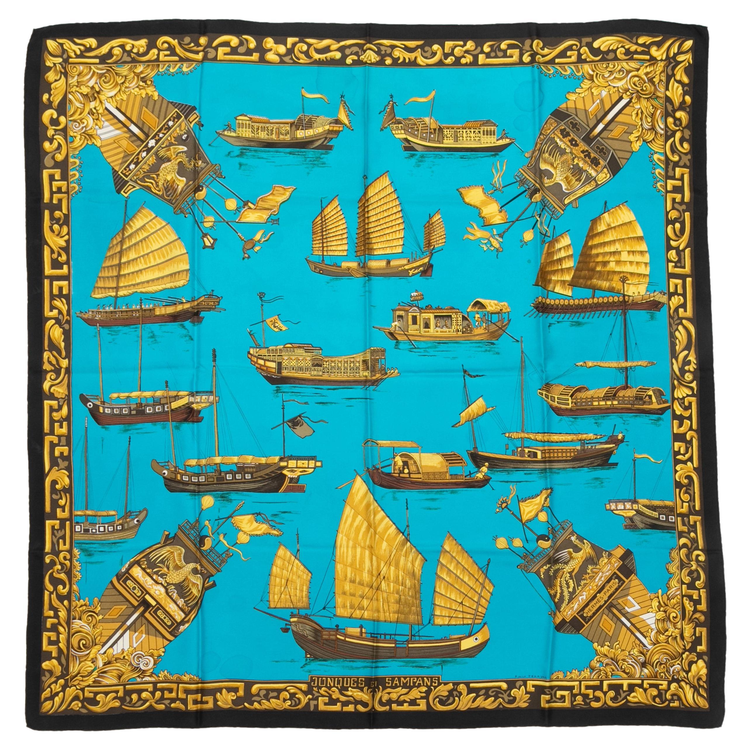 Teal & Gold Hermes Jonques et Sampans Motif Printed Silk Scarf For Sale