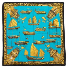 Retro Teal & Gold Hermes Jonques et Sampans Motif Printed Silk Scarf