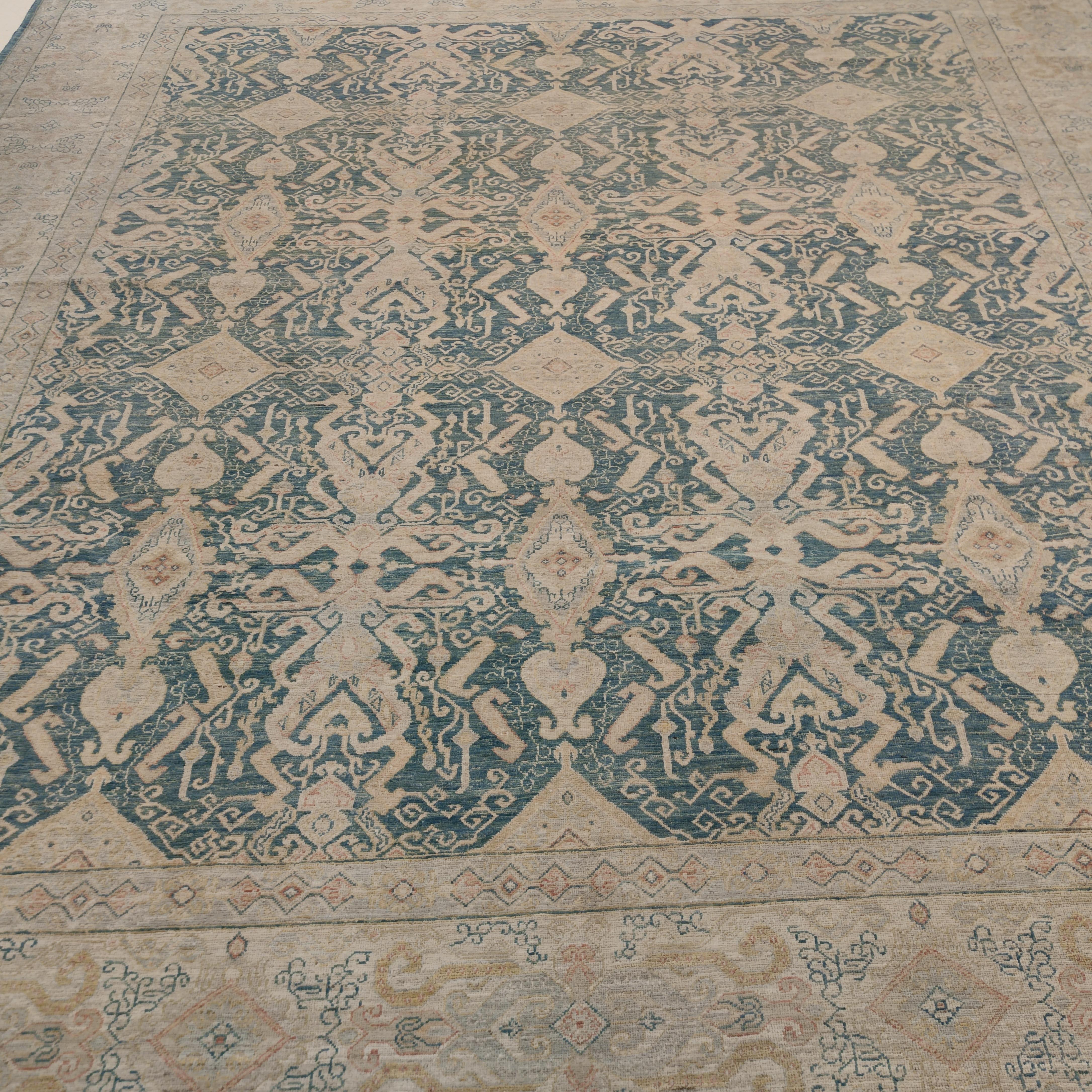 Hand-Knotted Teal Green Botanical Design Lucca Rug by Alberto Levi Gallery For Sale