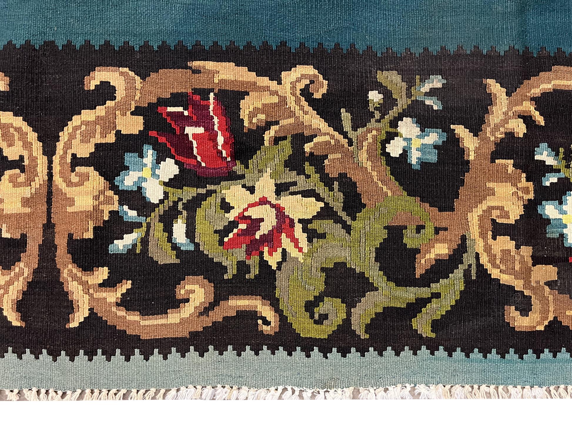 Teal Grüner handgewebter orientalischer Teal-Kelim-Teppich Moldavian (Moldauisch) im Angebot