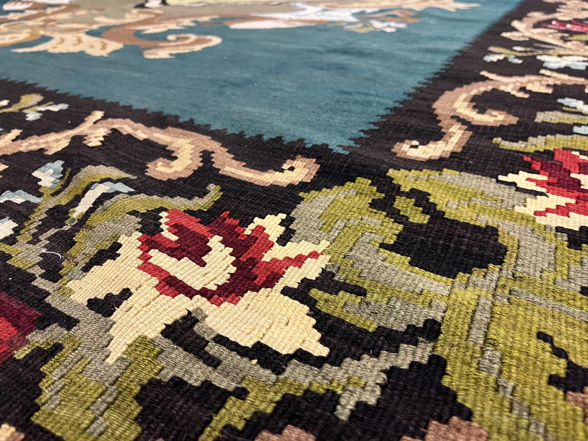 Early 20th Century Teal Green Kilim Rug Handwoven Oriental Carpet Moldavian Area Rug For Sale