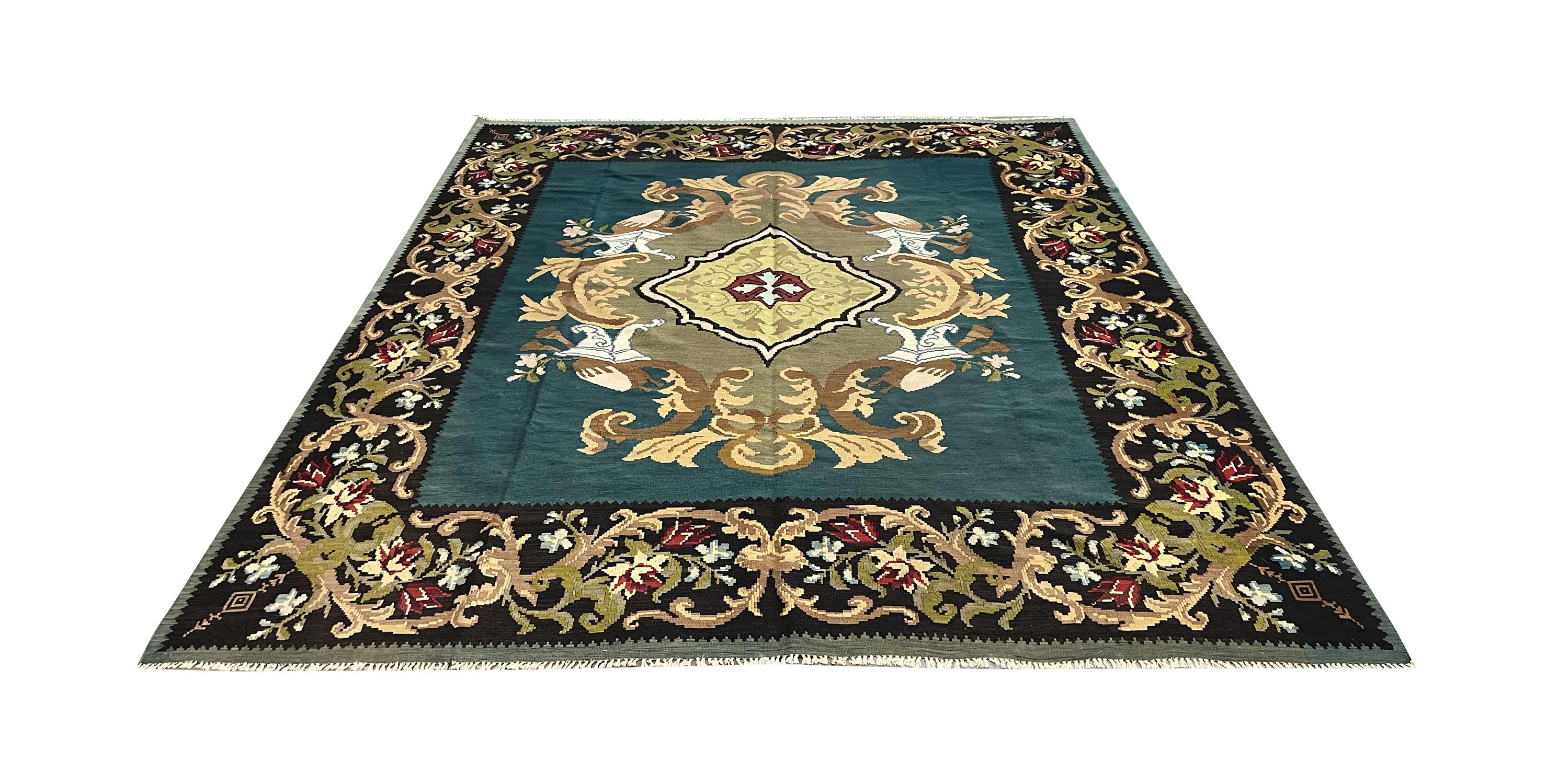 Wool Teal Green Kilim Rug Handwoven Oriental Carpet Moldavian Area Rug For Sale