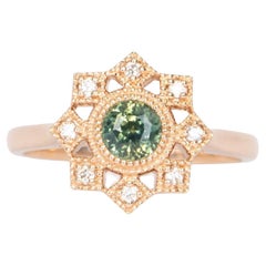 Bague de fiançailles en or rose 14 carats avec saphir du Montana vert sarcelle et halo de diamants