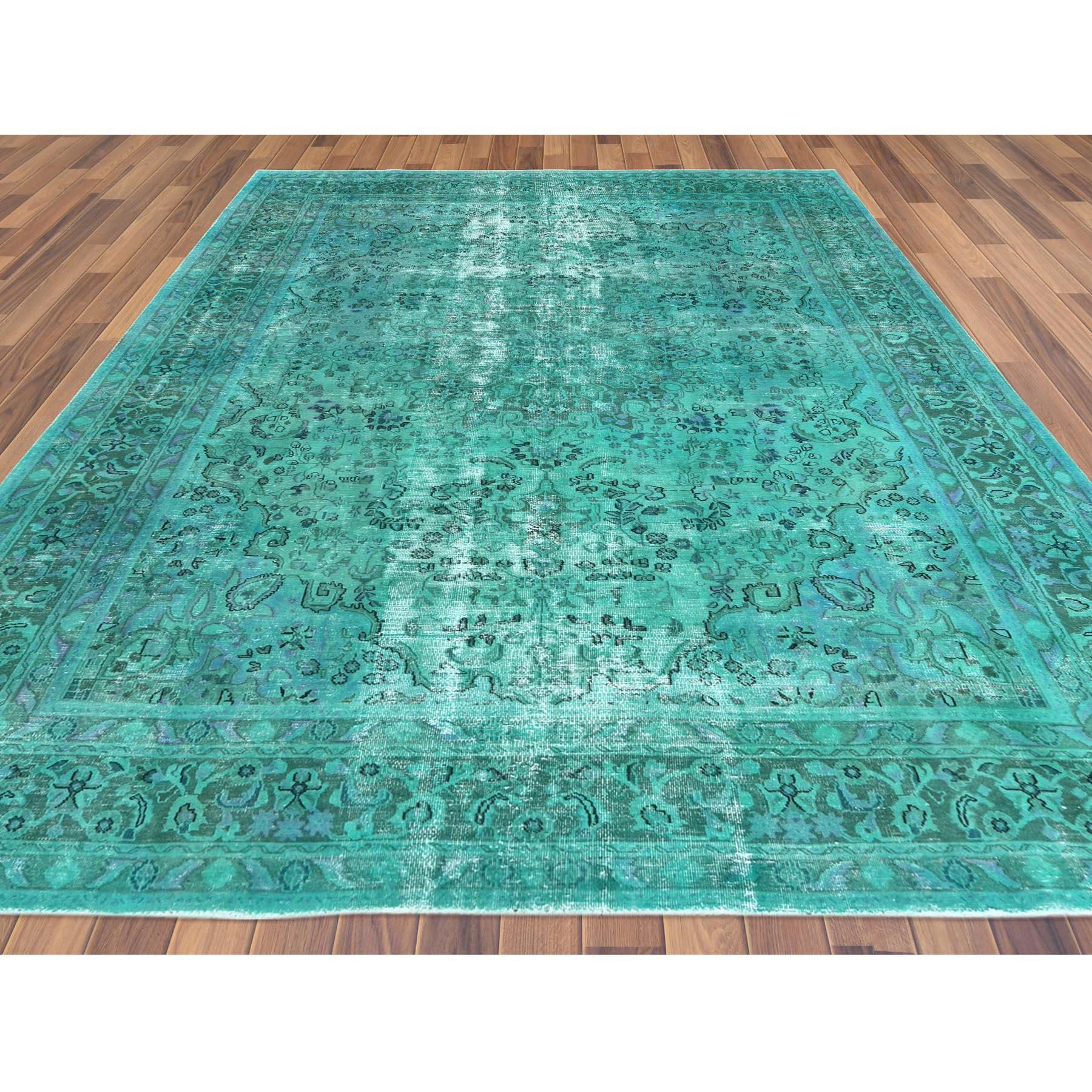 Hand-Knotted Teal Green Vintage Overdyed Persian Tabriz Distressed Worn Wool Hand Knotted Rug