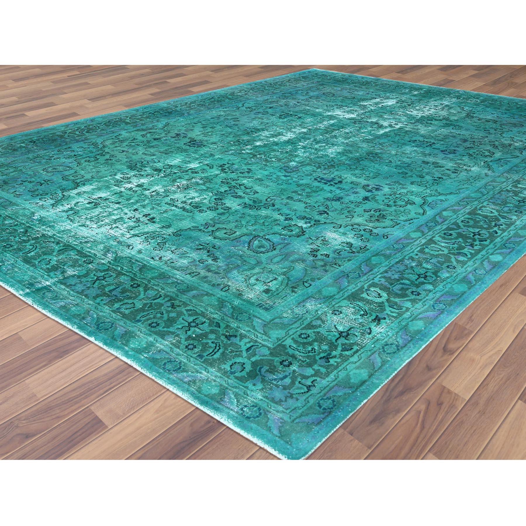 Teal Green Vintage Overdyed Persian Tabriz Distressed Worn Wool Hand Knotted Rug In Good Condition In Carlstadt, NJ
