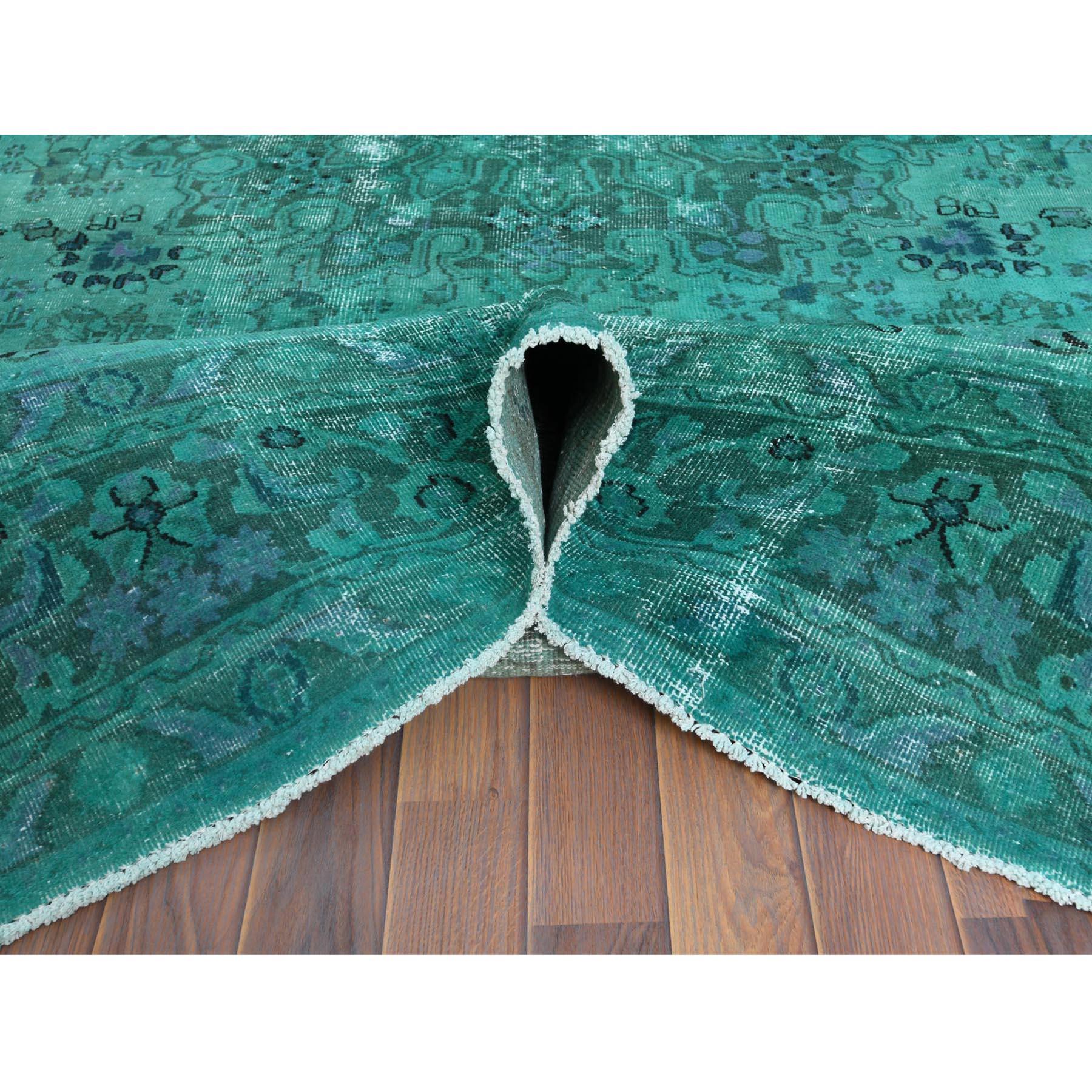 Teal Green Vintage Overdyed Persian Tabriz Distressed Worn Wool Hand Knotted Rug 1
