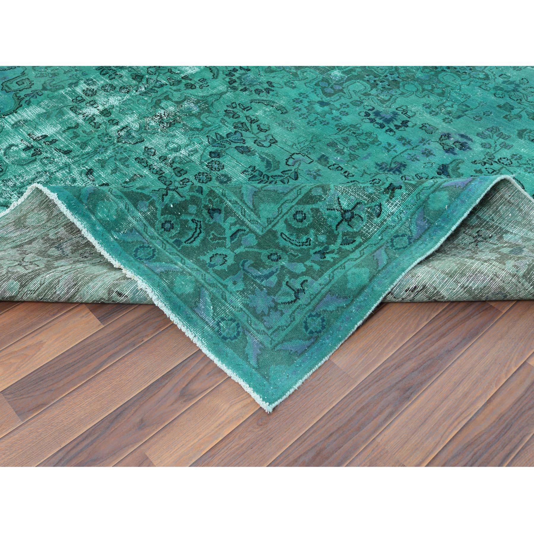 Teal Green Vintage Overdyed Persian Tabriz Distressed Worn Wool Hand Knotted Rug 2