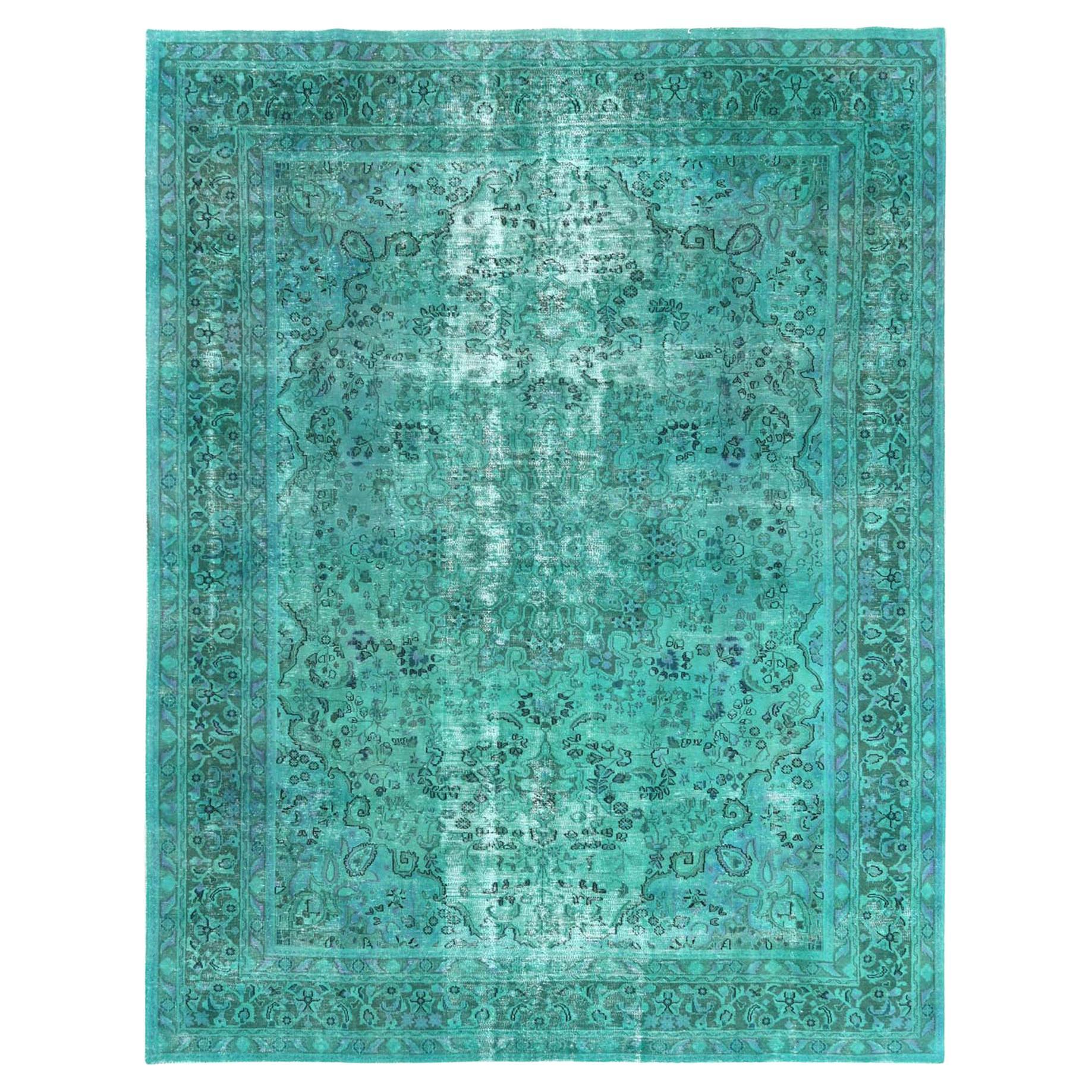 Teal Green Vintage Overdyed Persian Tabriz Distressed Worn Wool Hand Knotted Rug