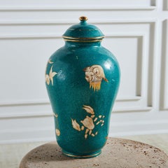 Teal Hand Painted Zodiac Urn in the Style of Gio Ponti, Italy, 20th Century