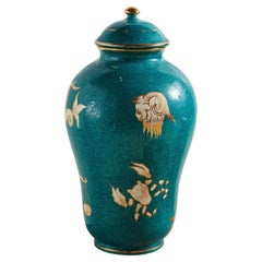 Vintage Teal Hand Painted Zodiac Urn in the Style of Gio Ponti, Italy, 20th Century