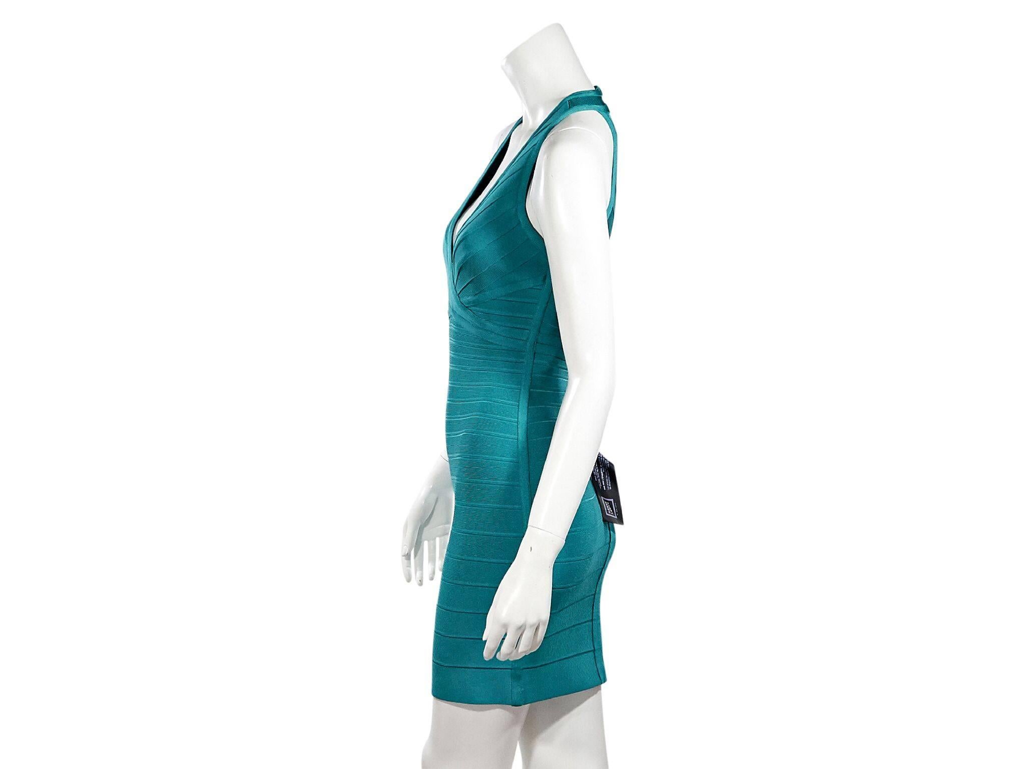 Product details:  Teal bodycon mini dress by Herve Leger.  Sleeveless.  Deep v-neck.  Open back with hook strap.  Concealed back zip closure.  32