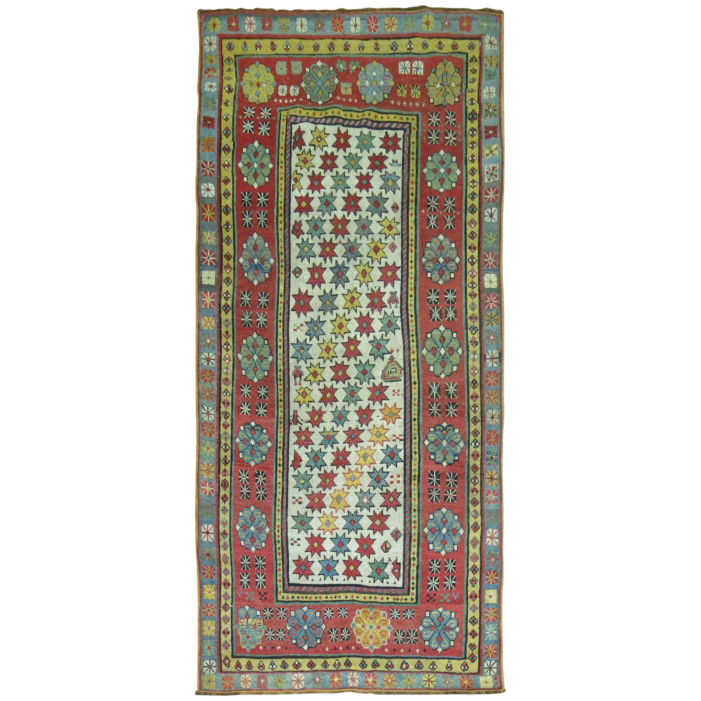 Teal Ivory Terracotta Antique Caucasian Talish 20th Century Runner