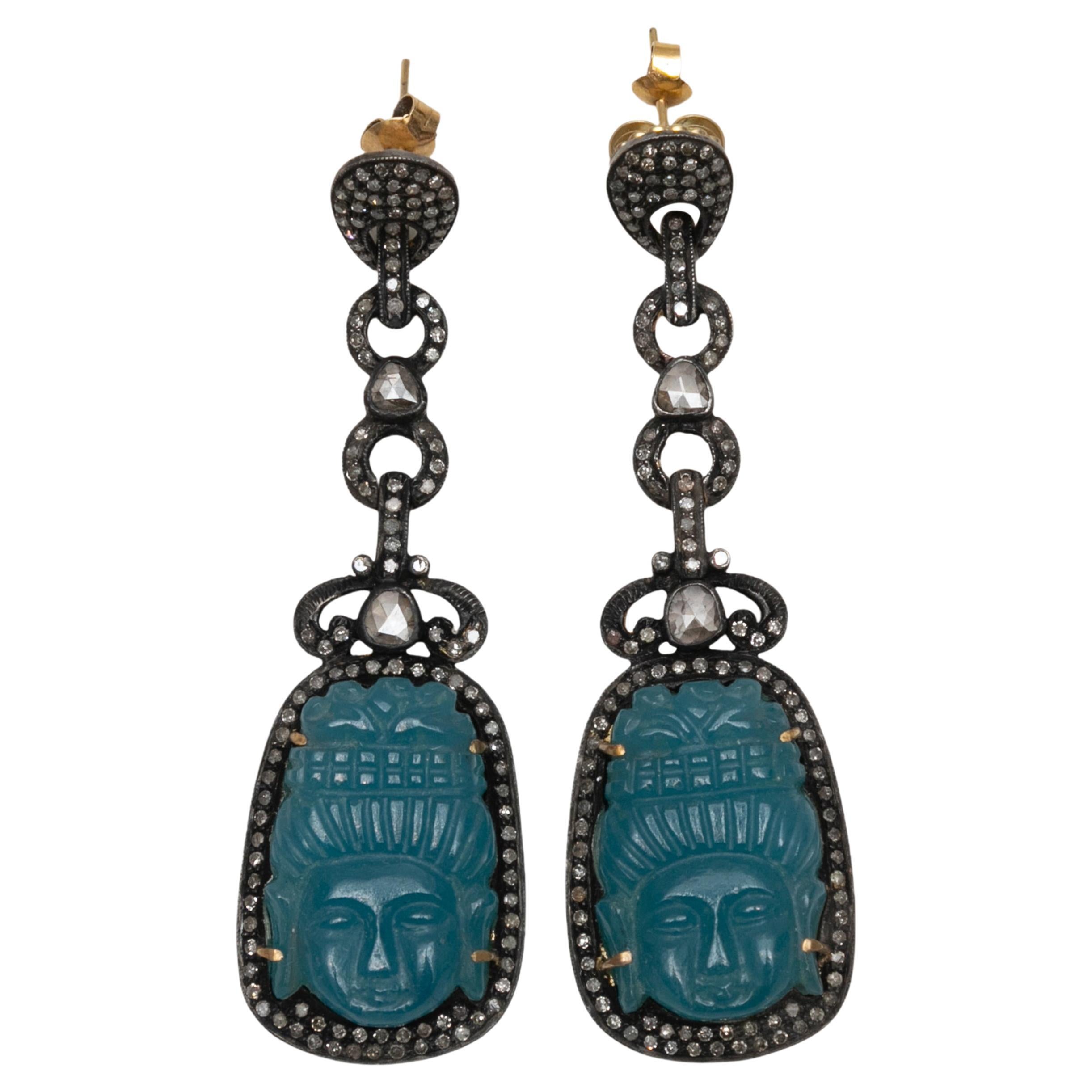 Teal Jade & Pave Diamond Bavna Carved Pierced Drop Earrings