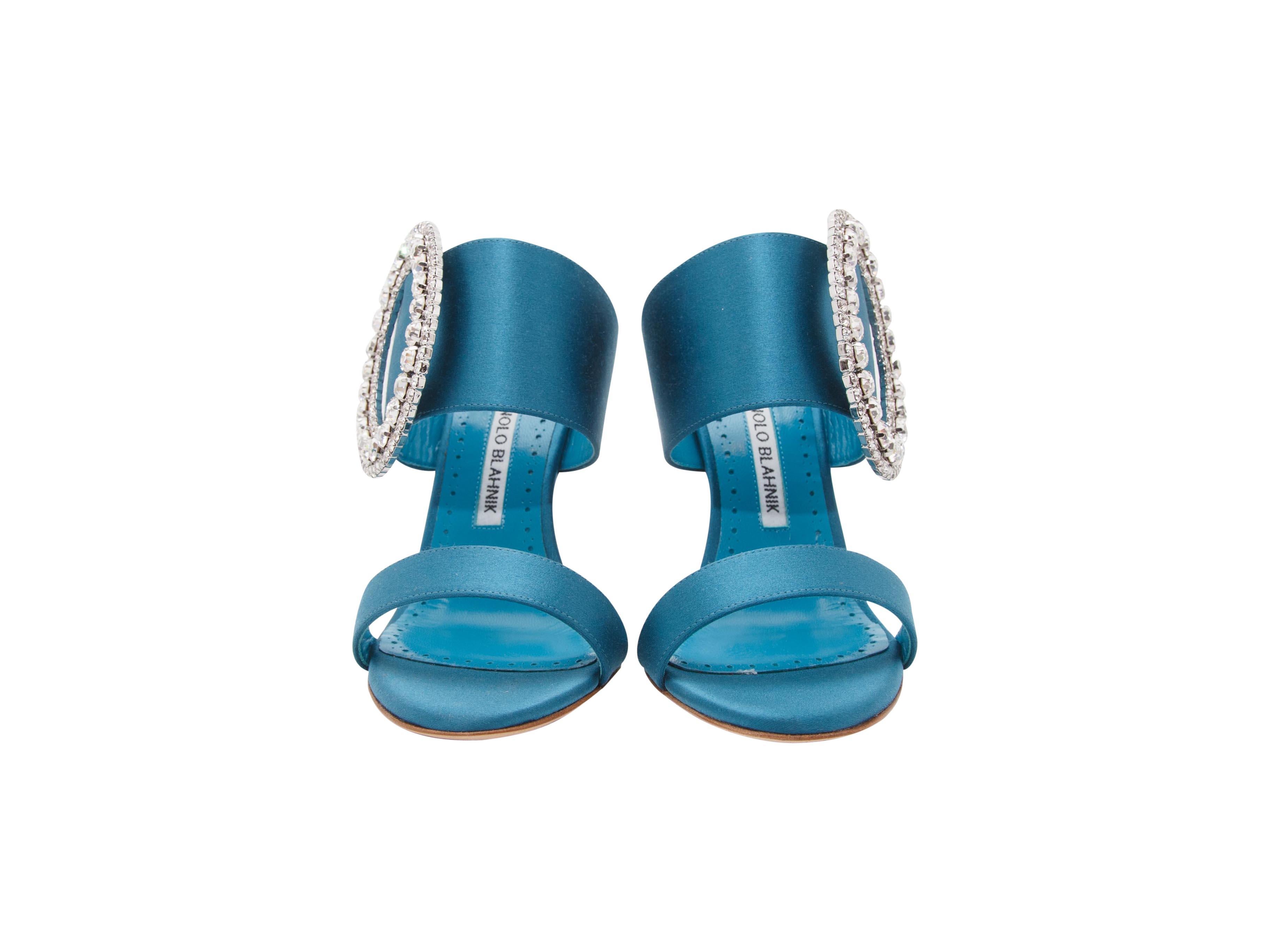 Blue Teal Manolo Blahnik Fibiona Embellished Satin Mule Sandals