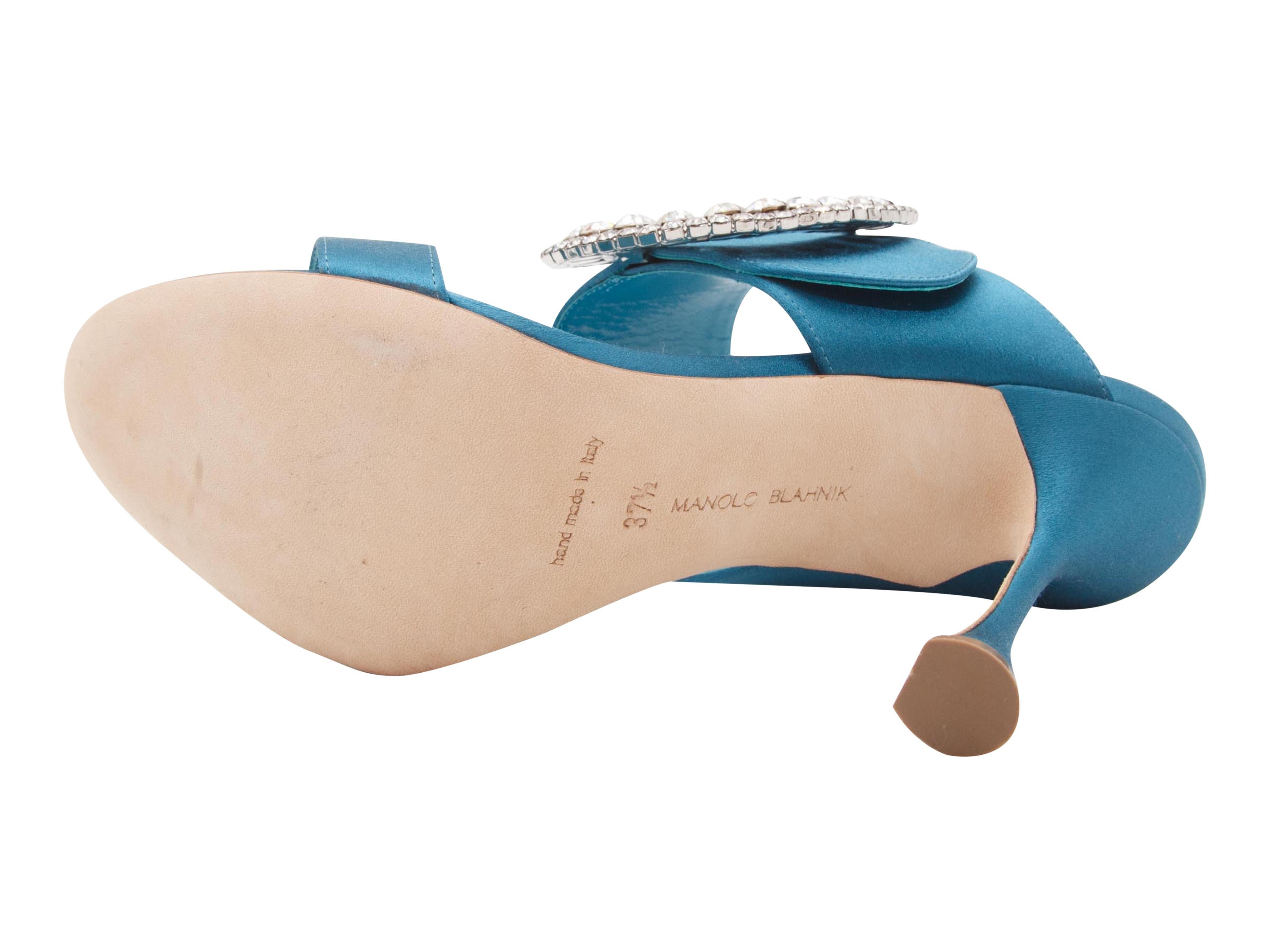 Teal Manolo Blahnik Fibiona Embellished Satin Mule Sandals In Good Condition In New York, NY