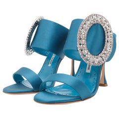 Teal Manolo Blahnik Fibiona Embellished Satin Mule Sandals