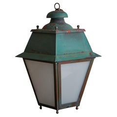 Teal Metal + Frosted Glass Lantern, France, 1950s