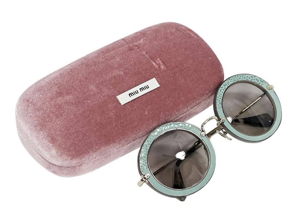 Teal Miu Miu Round Suede Sunglasses In Good Condition In New York, NY