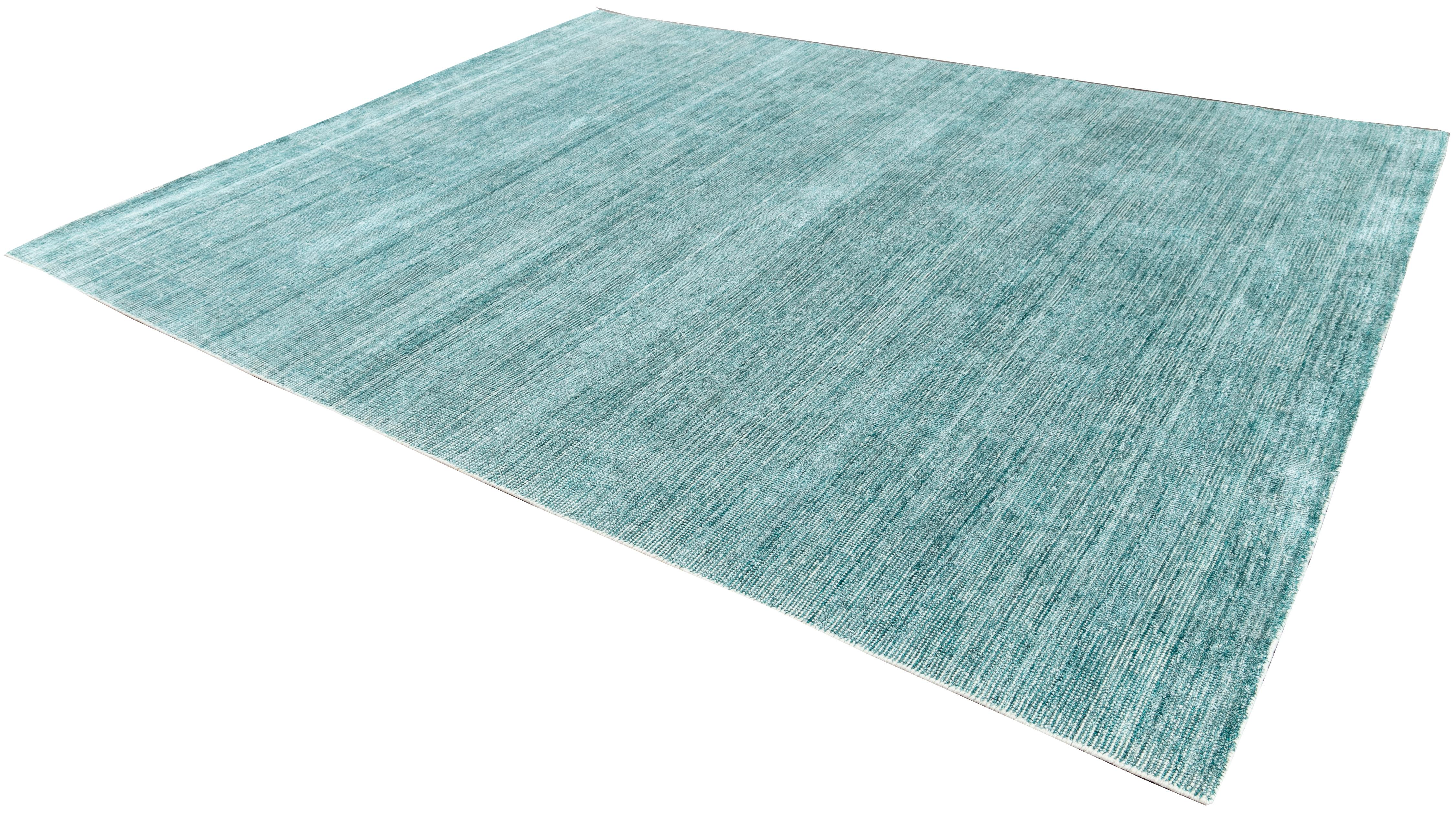 Indian Apadana Teal Modern Bamboo/Silk Boho Handmade Rug For Sale