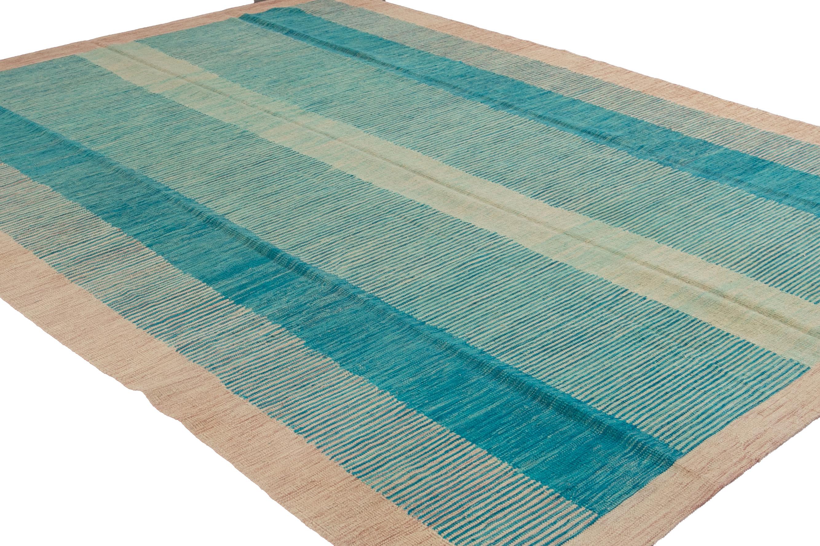 Moderner, expressionistischer Flachgewebe-Wollteppich in Blau in Teal im Angebot 1