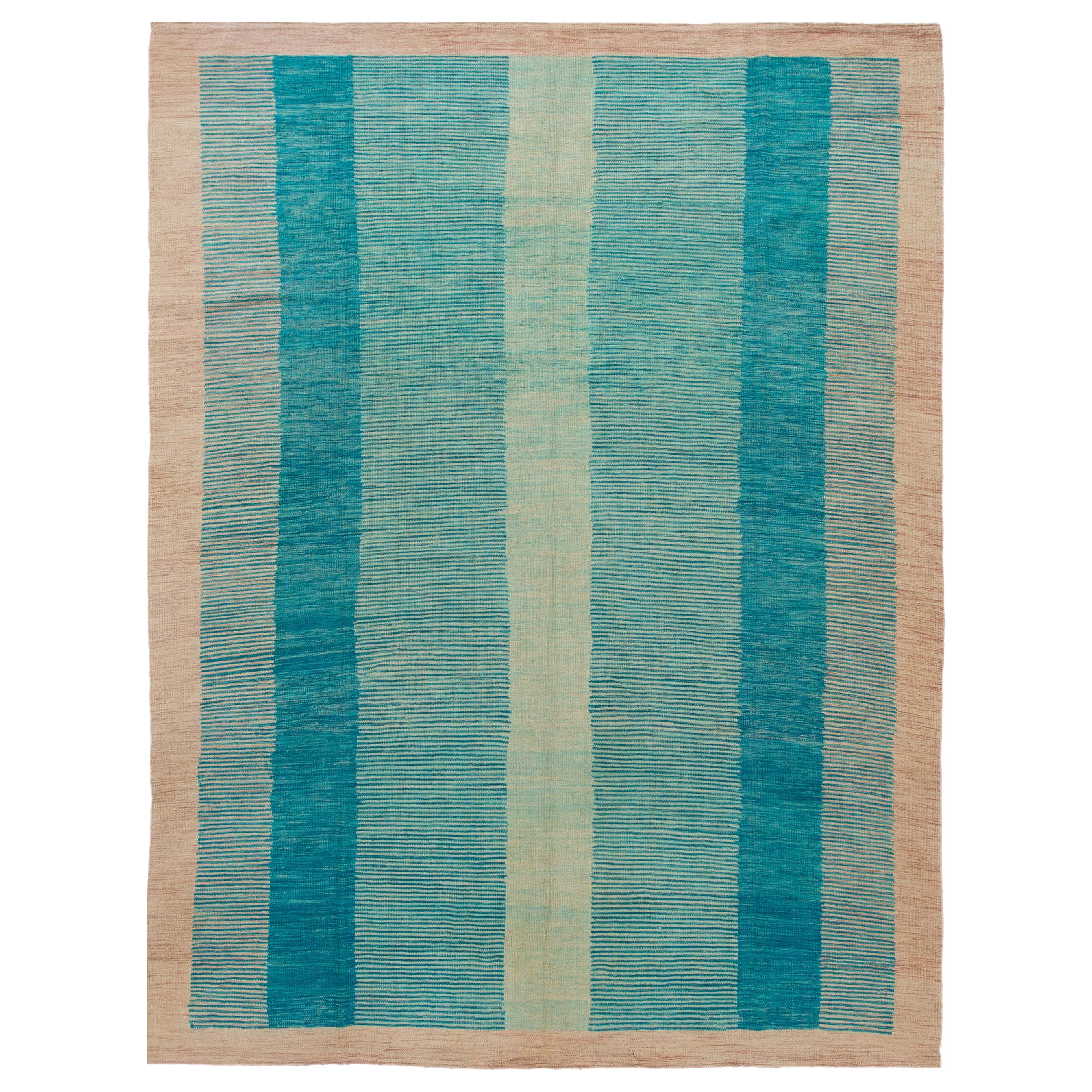 Teal Modern Expressionist Flat-Weave Room Size Wool Rug