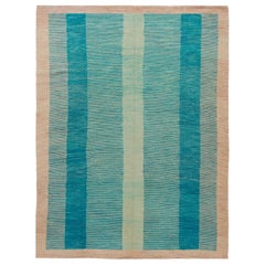 Tapis expressionniste moderne bleu sarcelle à tissage plat en laine, taille de pièce