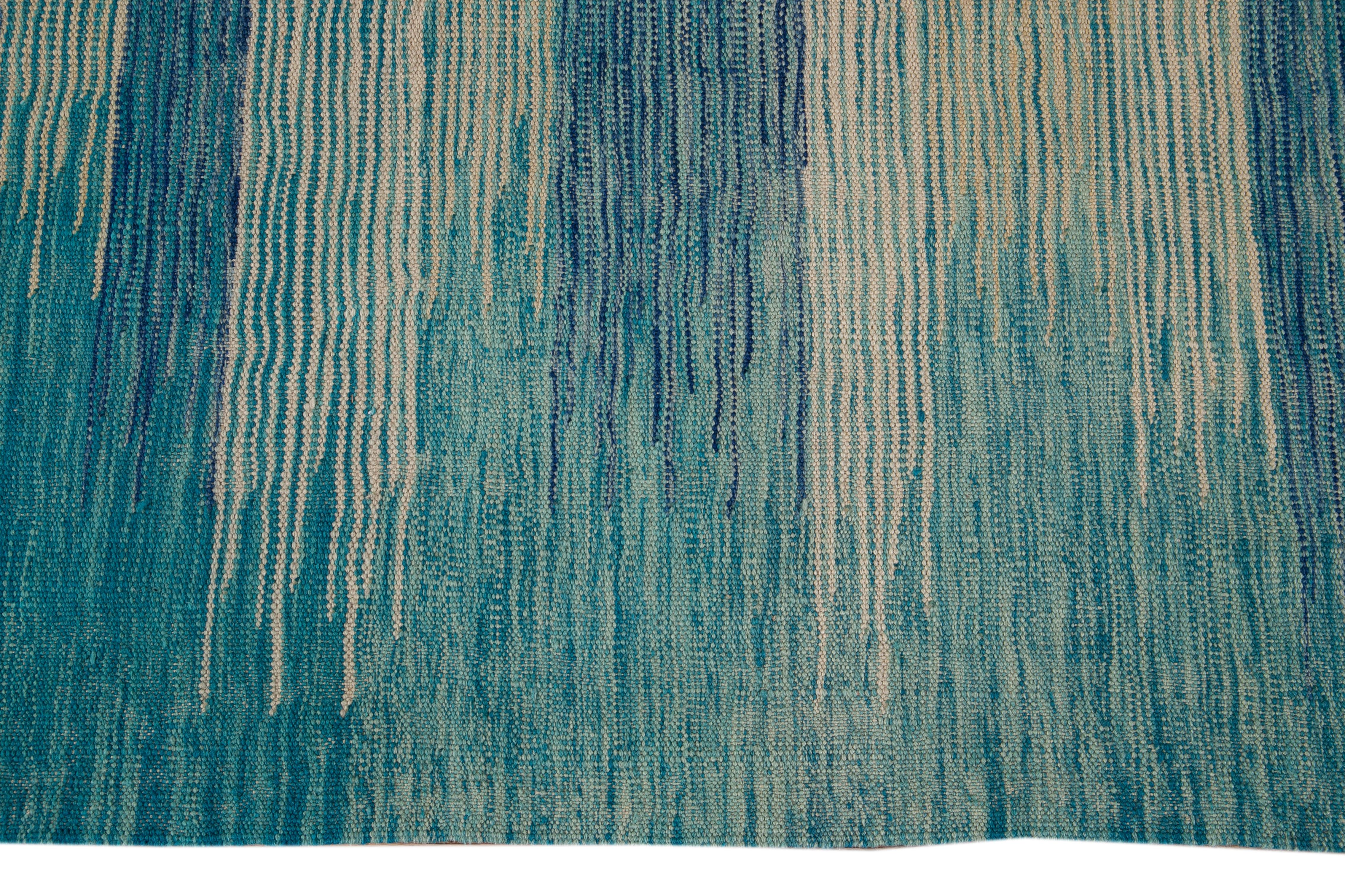 Teal Modern Expressionist Flat-Weave Handmade Wool Rug For Sale 5