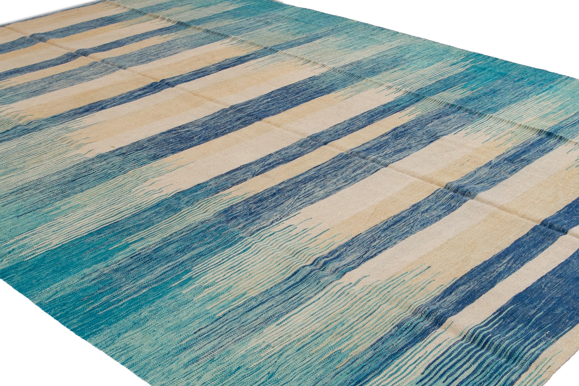 Teal Modern Expressionist Flat-Weave Handmade Wool Rug For Sale 7