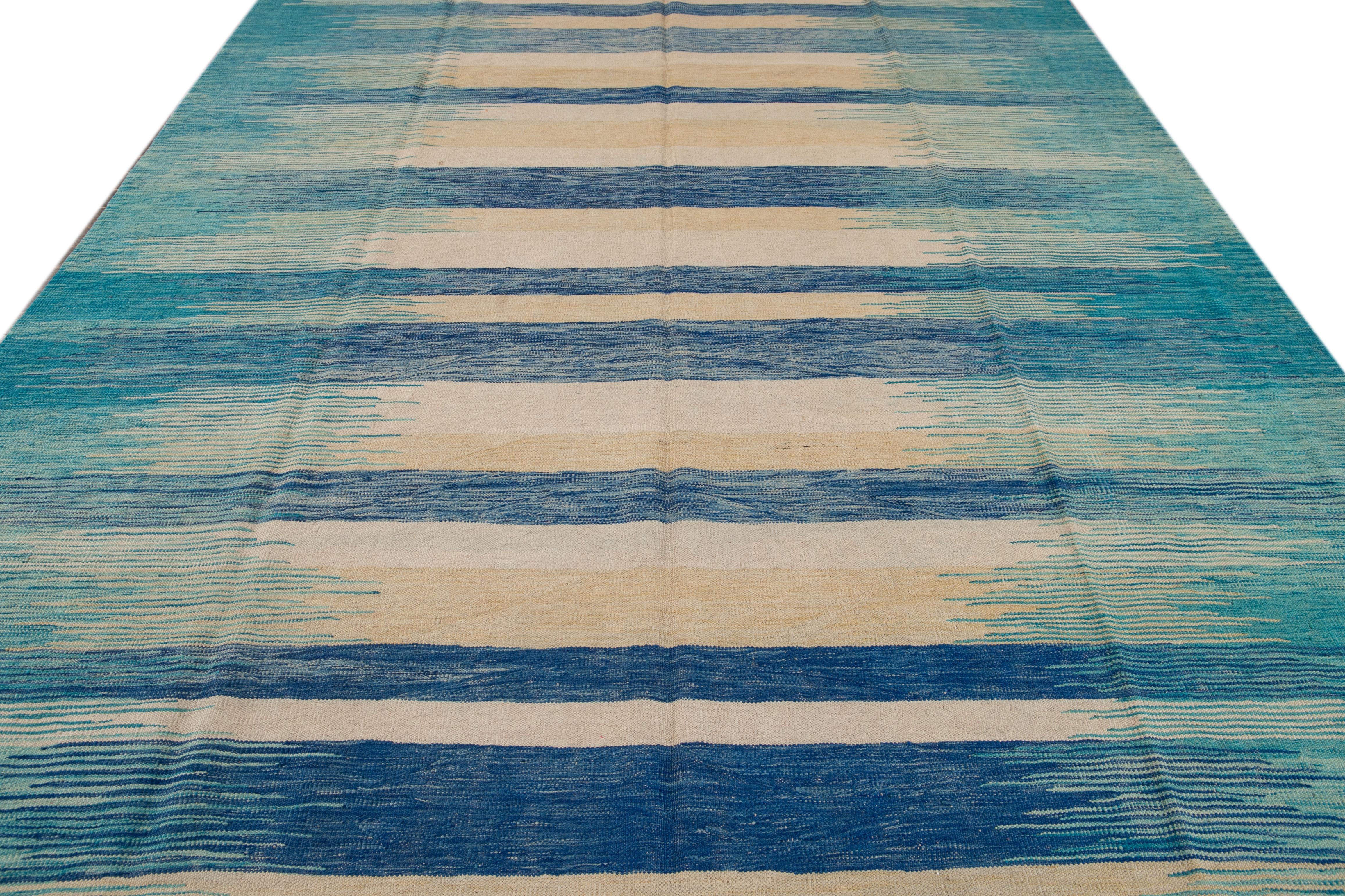 Kilim Teal Modern Expressionist Flat-Weave Handmade Wool Rug For Sale